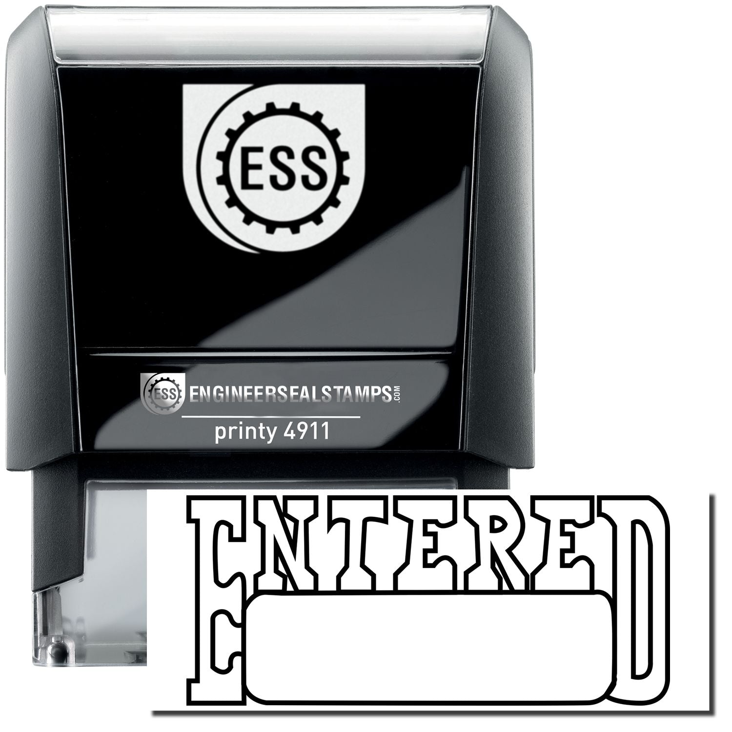 A self-inking stamp with a stamped image showing how the text ENTERED in a unique outline style with a date box under it is displayed after stamping.