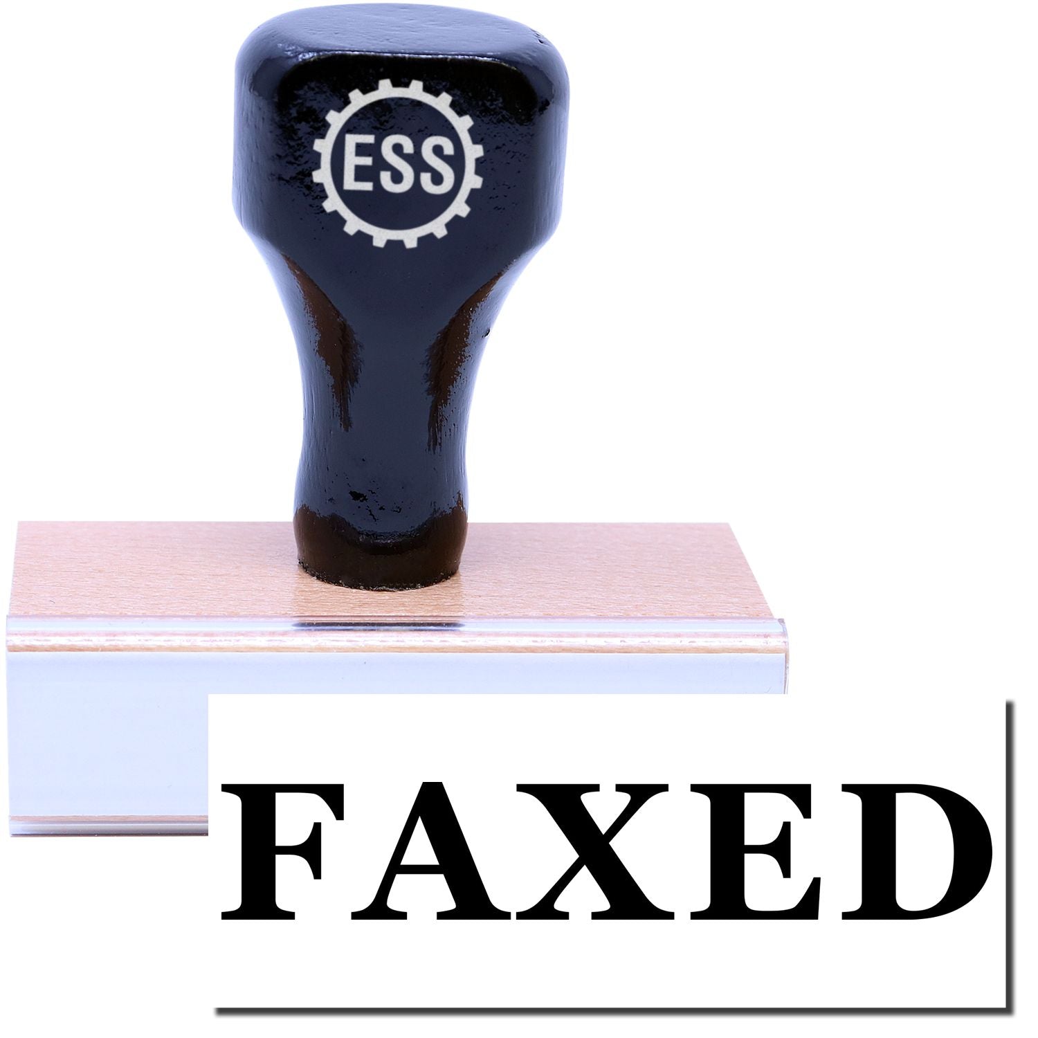 A stock office rubber stamp with a stamped image showing how the text FAXED in Times font is displayed after stamping.