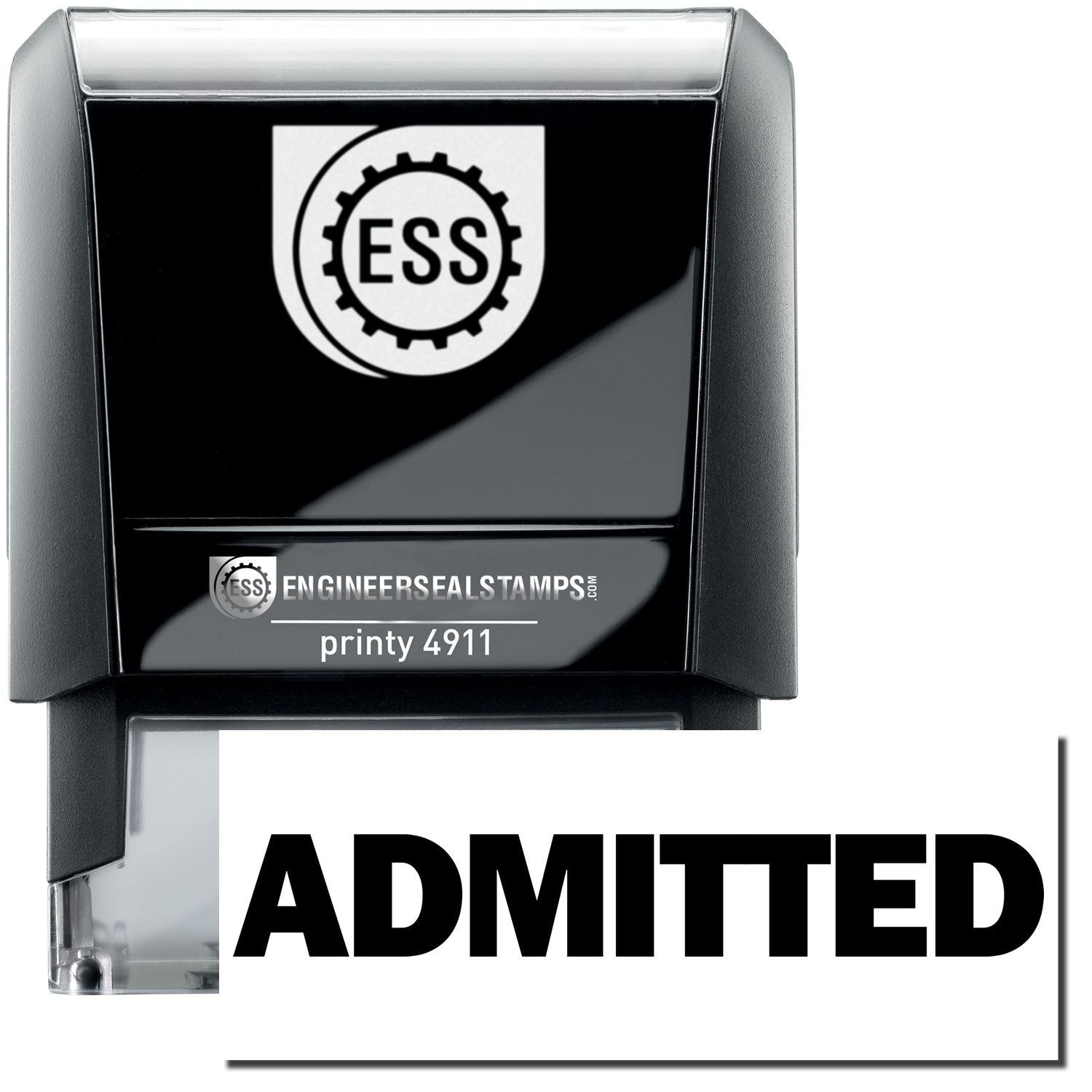 A self-inking stamp with a stamped image showing how the text ADMITTED in bold font is displayed after stamping.