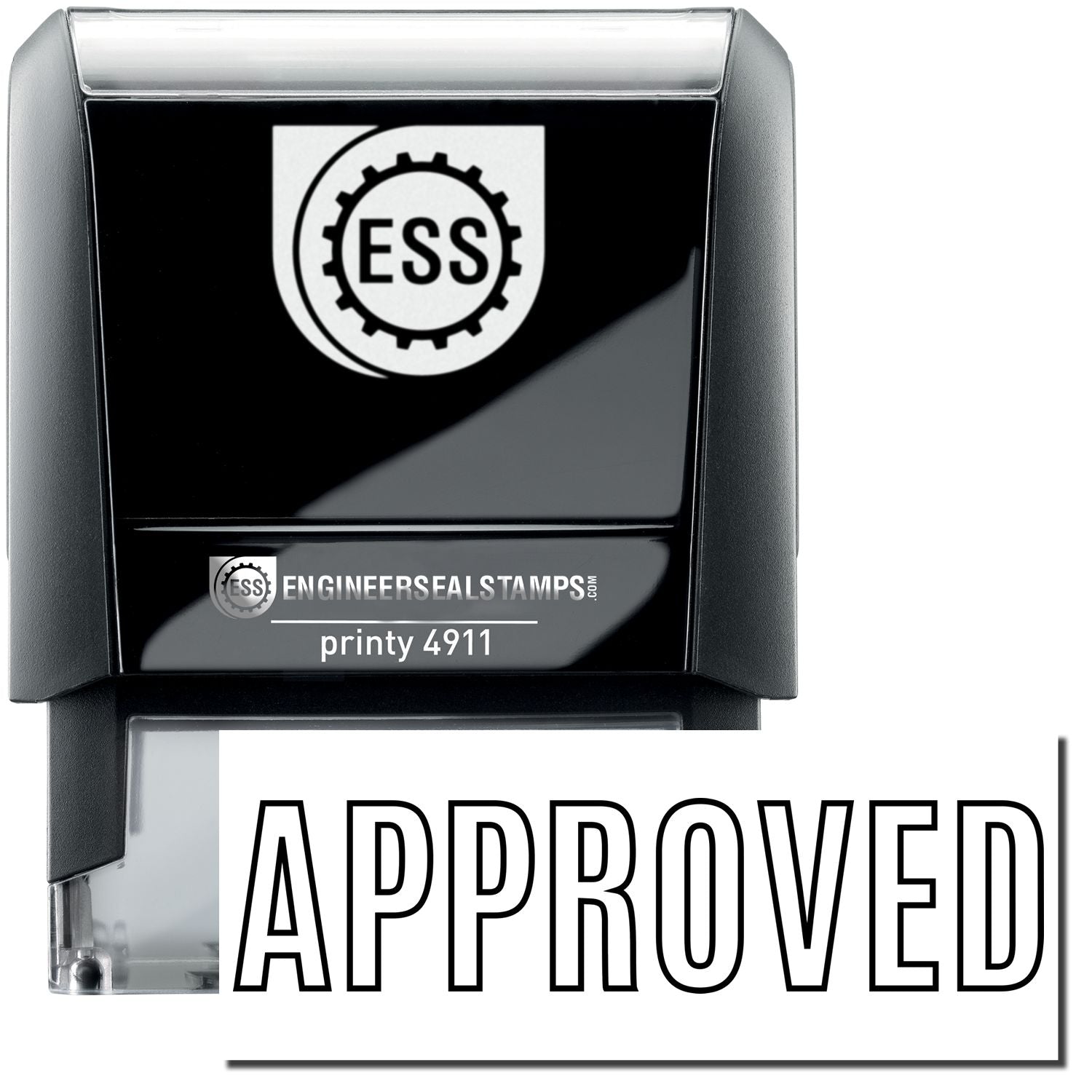 Self Inking Outline Approved Stamp with ESS logo, black casing, and the word APPROVED in bold outline font at the bottom.