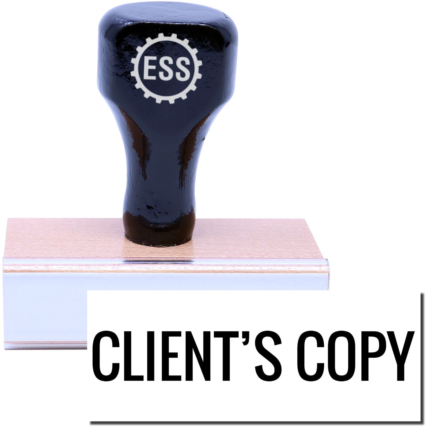 A stock office rubber stamp with a stamped image showing how the text CLIENT'S COPY is displayed after stamping.