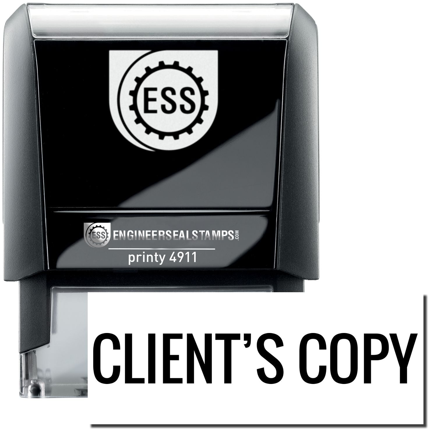 A self-inking stamp with a stamped image showing how the text CLIENT'S COPY is displayed after stamping.