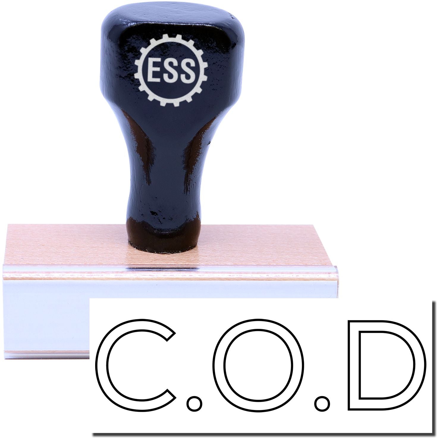 A stock office rubber stamp with a stamped image showing how the text C.O.D in an outline font is displayed after stamping.