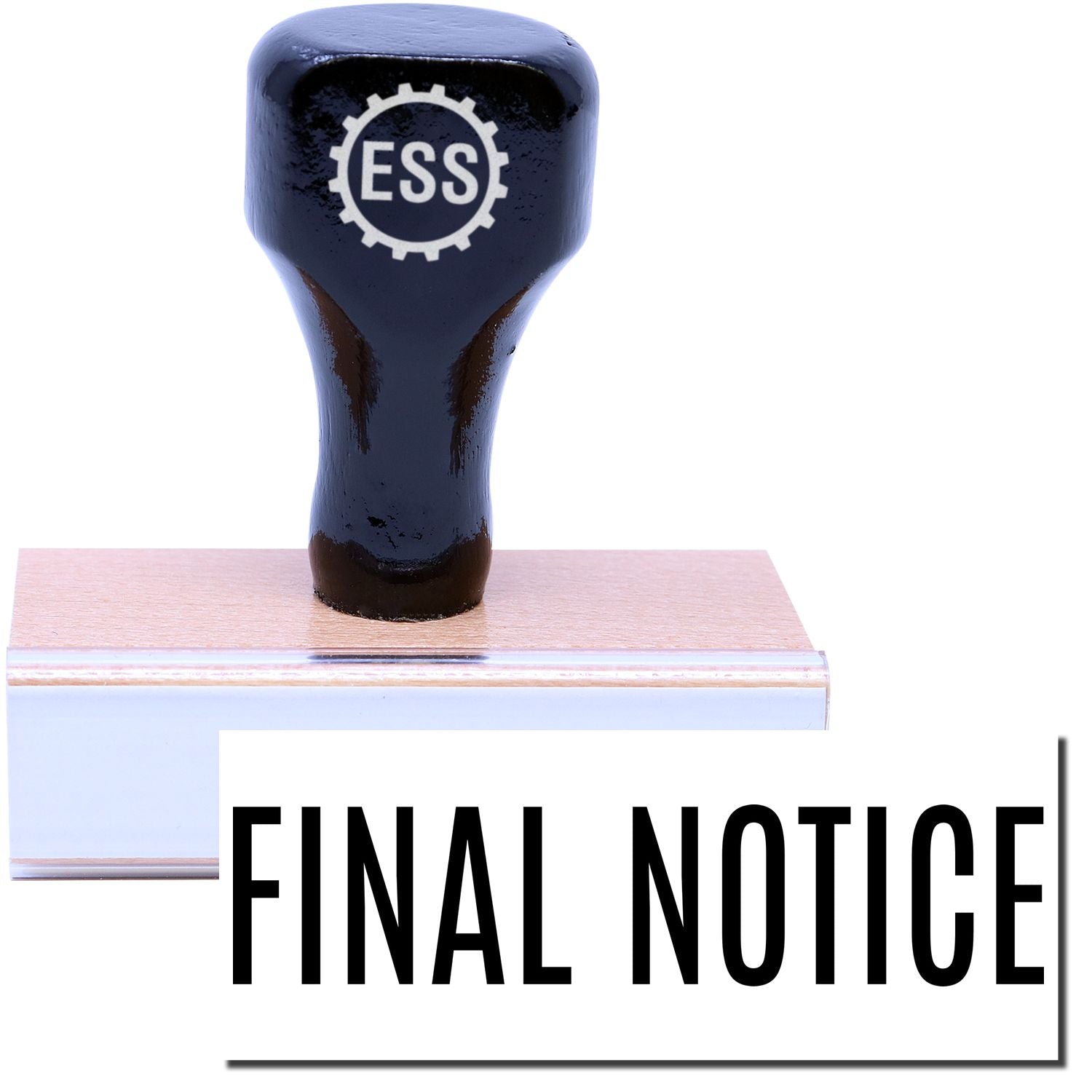 A stock office rubber stamp with a stamped image showing how the text FINAL NOTICE In a narrow font is displayed after stamping.