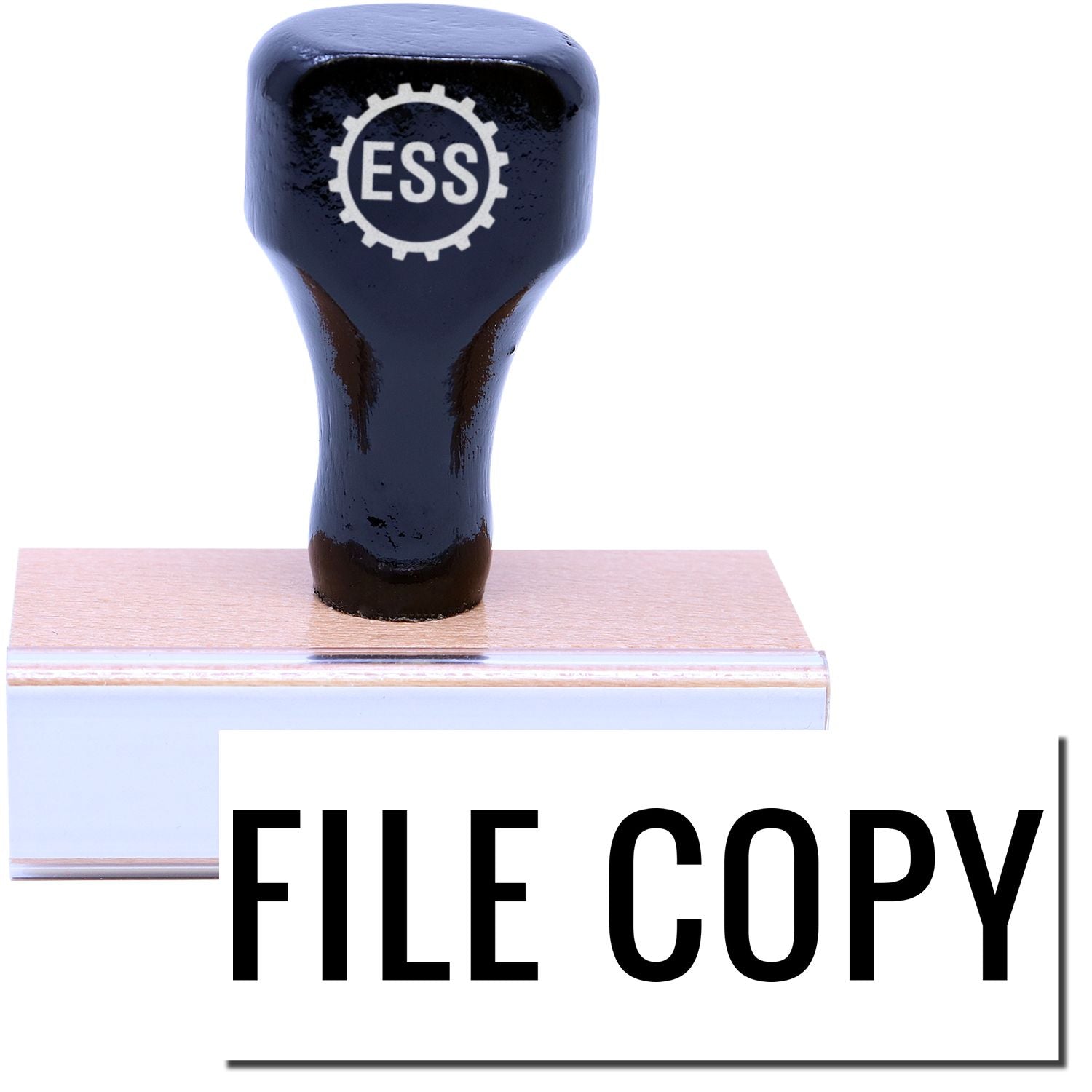 A stock office rubber stamp with a stamped image showing how the text FILE COPY in a narrow font is displayed after stamping.