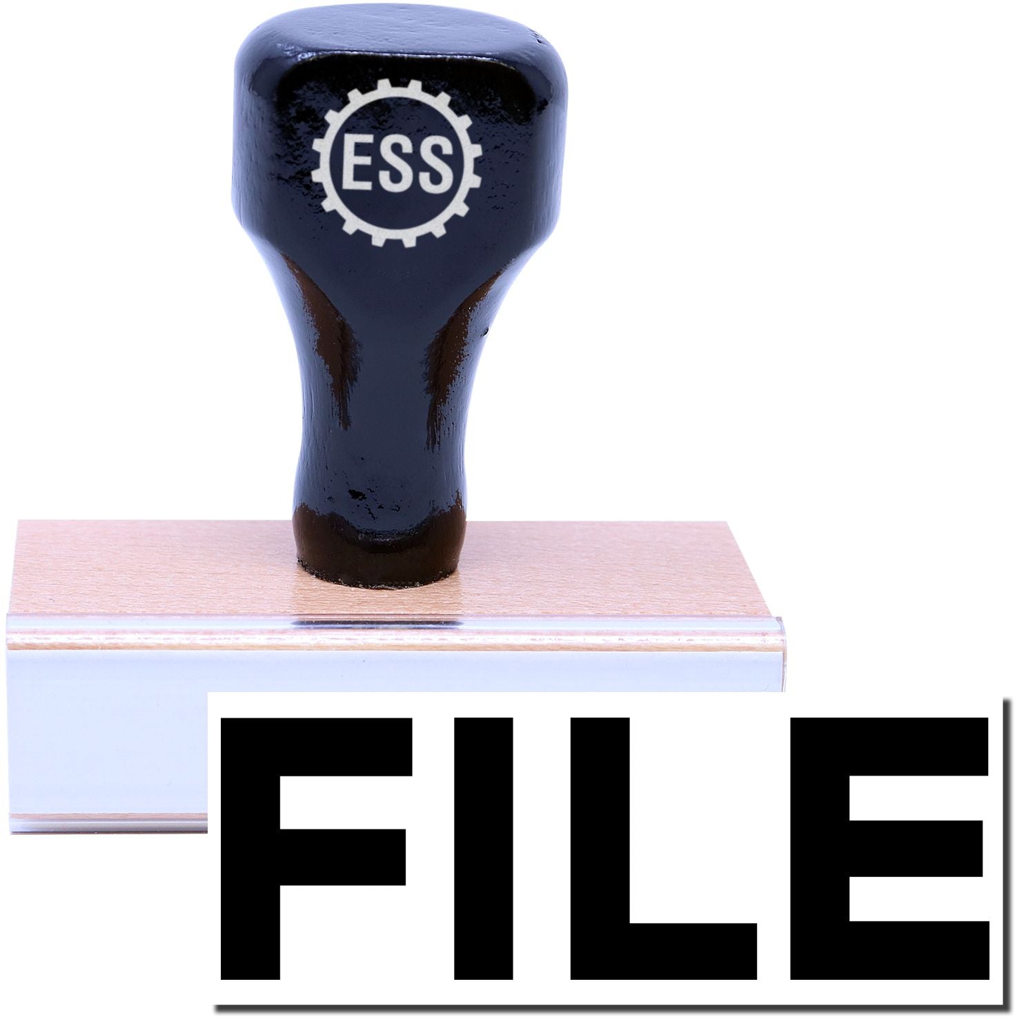 A stock office rubber stamp with a stamped image showing how the text "FILE" in bold font is displayed after stamping.