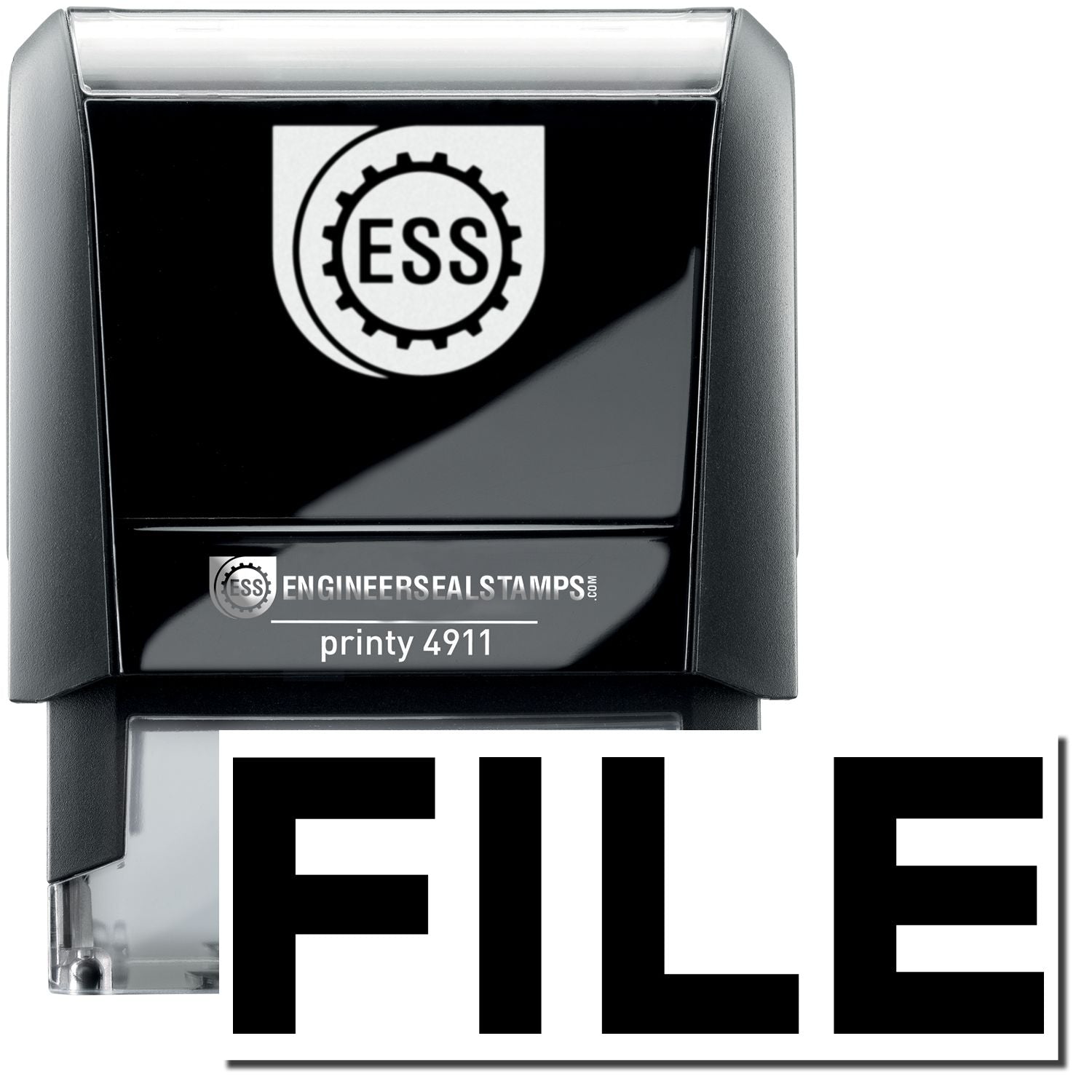 A self-inking stamp with a stamped image showing how the text FILE in bold font is displayed after stamping.