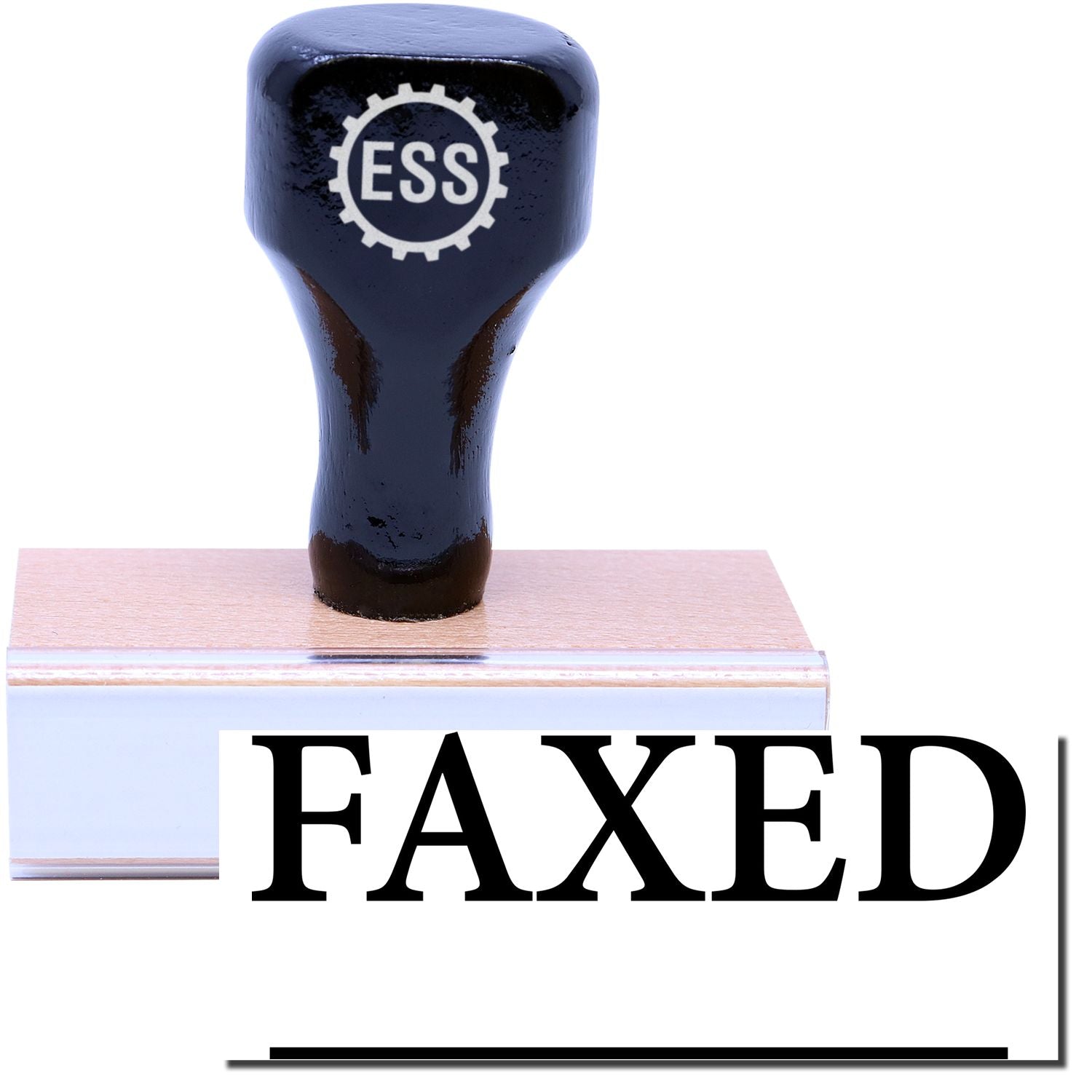 A stock office rubber stamp with a stamped image showing how the text FAXED in Times font with a line underneath the text is displayed after stamping.