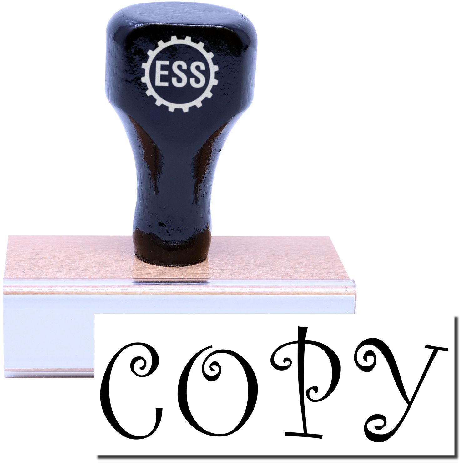 A stock office rubber stamp with a stamped image showing how the text COPY in a distinguishing curly font is displayed after stamping.