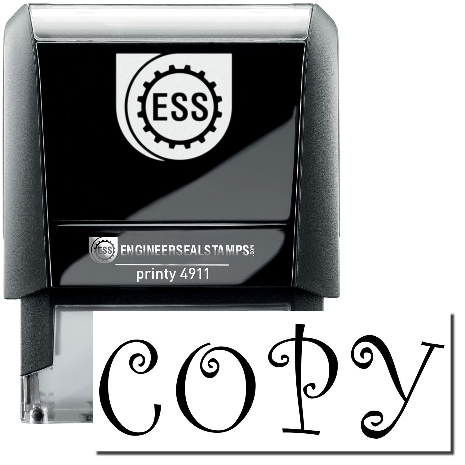 A self-inking stamp with a stamped image showing how the text COPY in a curly font is displayed after stamping.