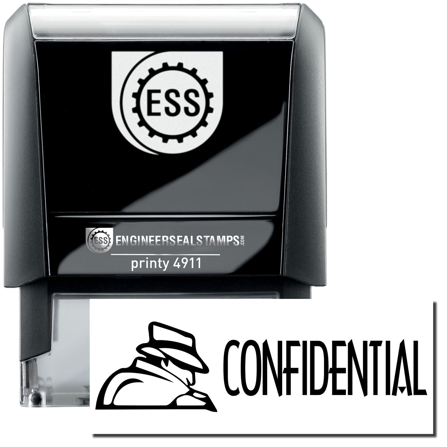 A self-inking stamp with a stamped image showing how the text CONFIDENTIAL with an eye-catching logo on the left side is displayed after stamping.