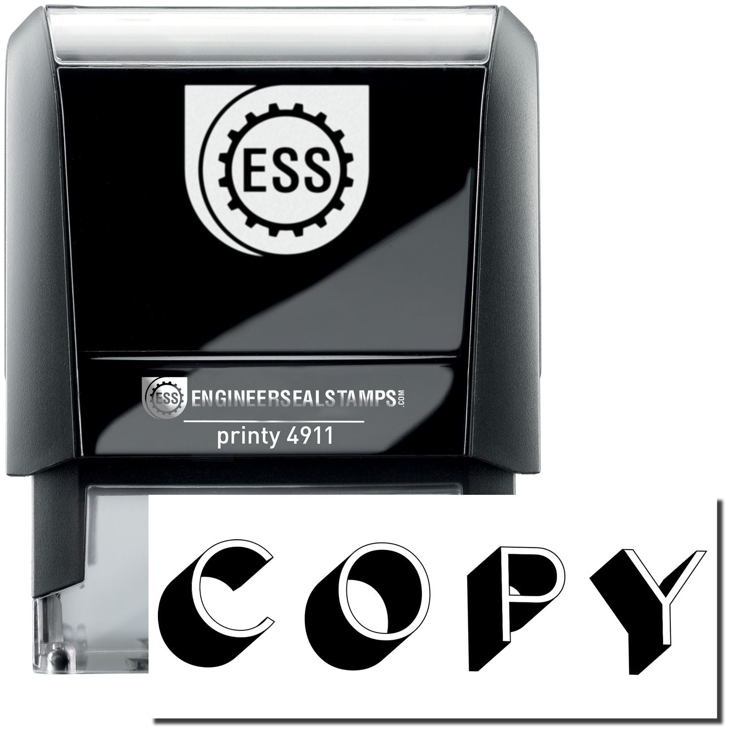 A self-inking stamp with a stamped image showing how the text COPY with a shadow behind the word is displayed after stamping.