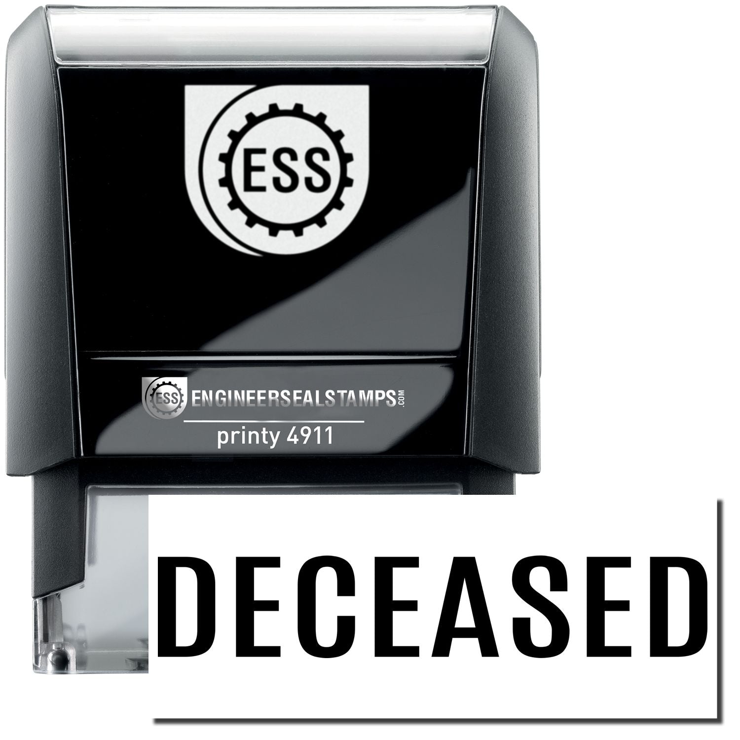 A self-inking stamp with a stamped image showing how the text DECEASED in bold font is displayed after stamping.