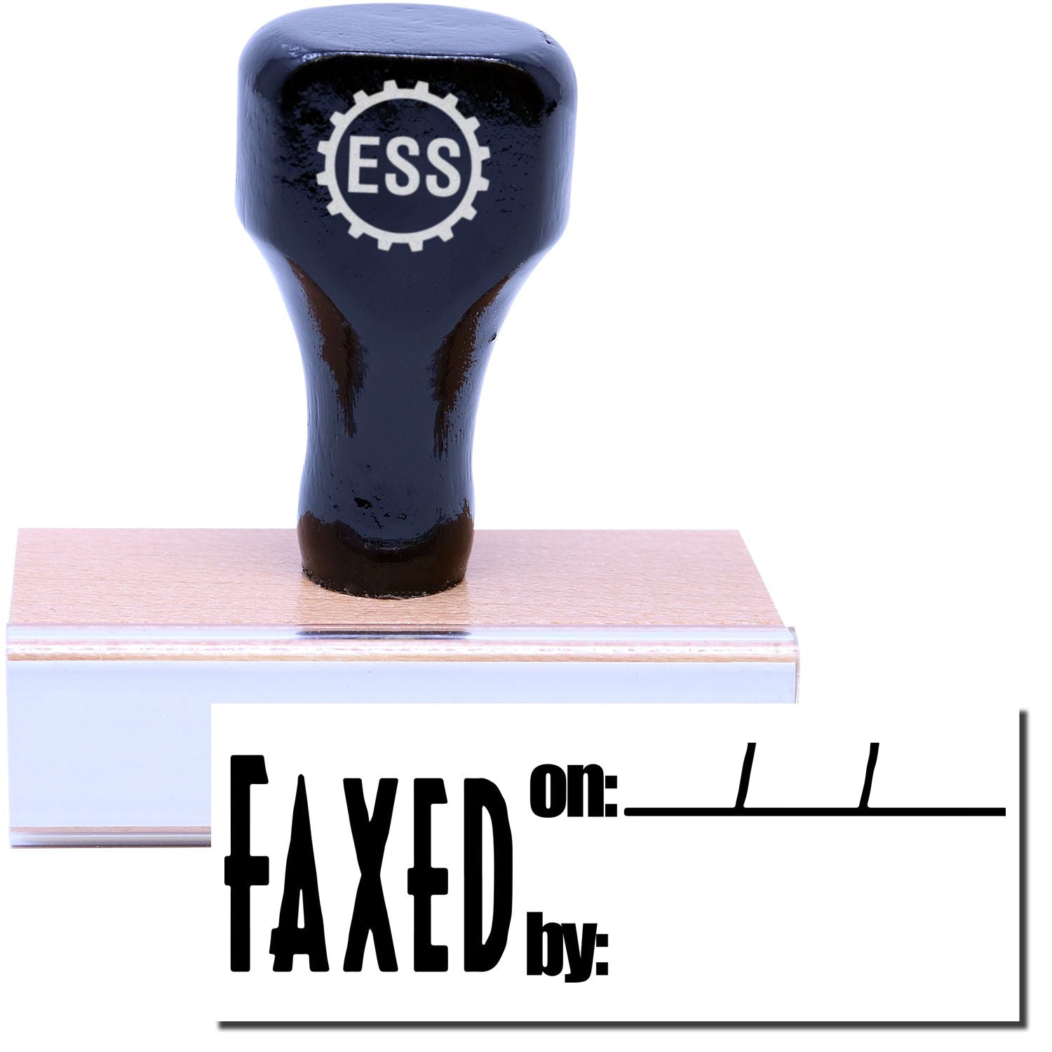 A stock office rubber stamp with a stamped image showing how the text FAXED with the space for writing date ( on: ) and the name of the person ( by:) is displayed after stamping.