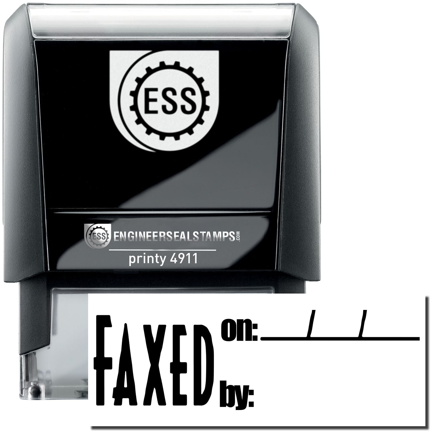 A self-inking stamp with a stamped image showing how the text FAXED on: by: (with space for writing the date and the name of the person from whom the fax is received is given) is displayed after stamping.