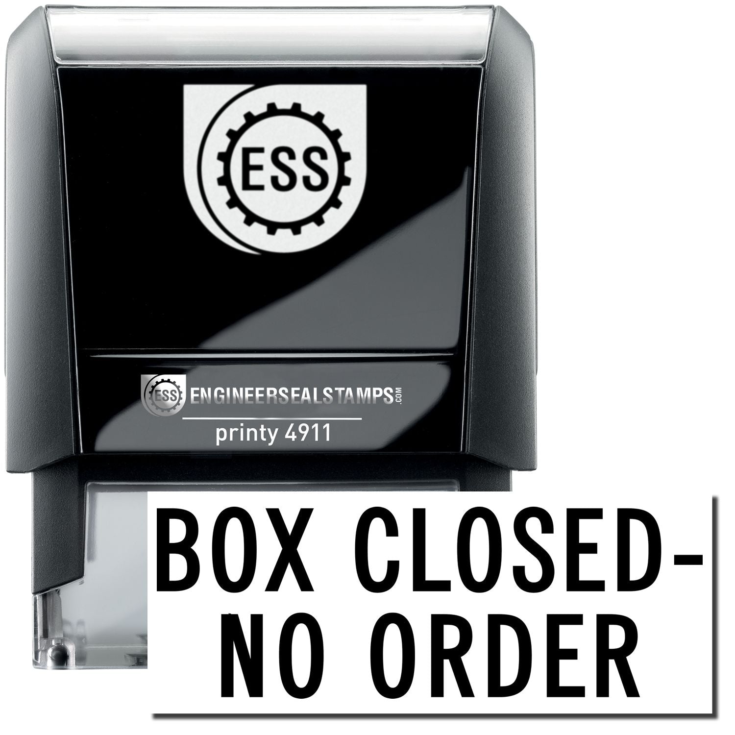 A self-inking stamp with a stamped image showing how the text BOX CLOSED - NO ORDER is displayed after stamping.