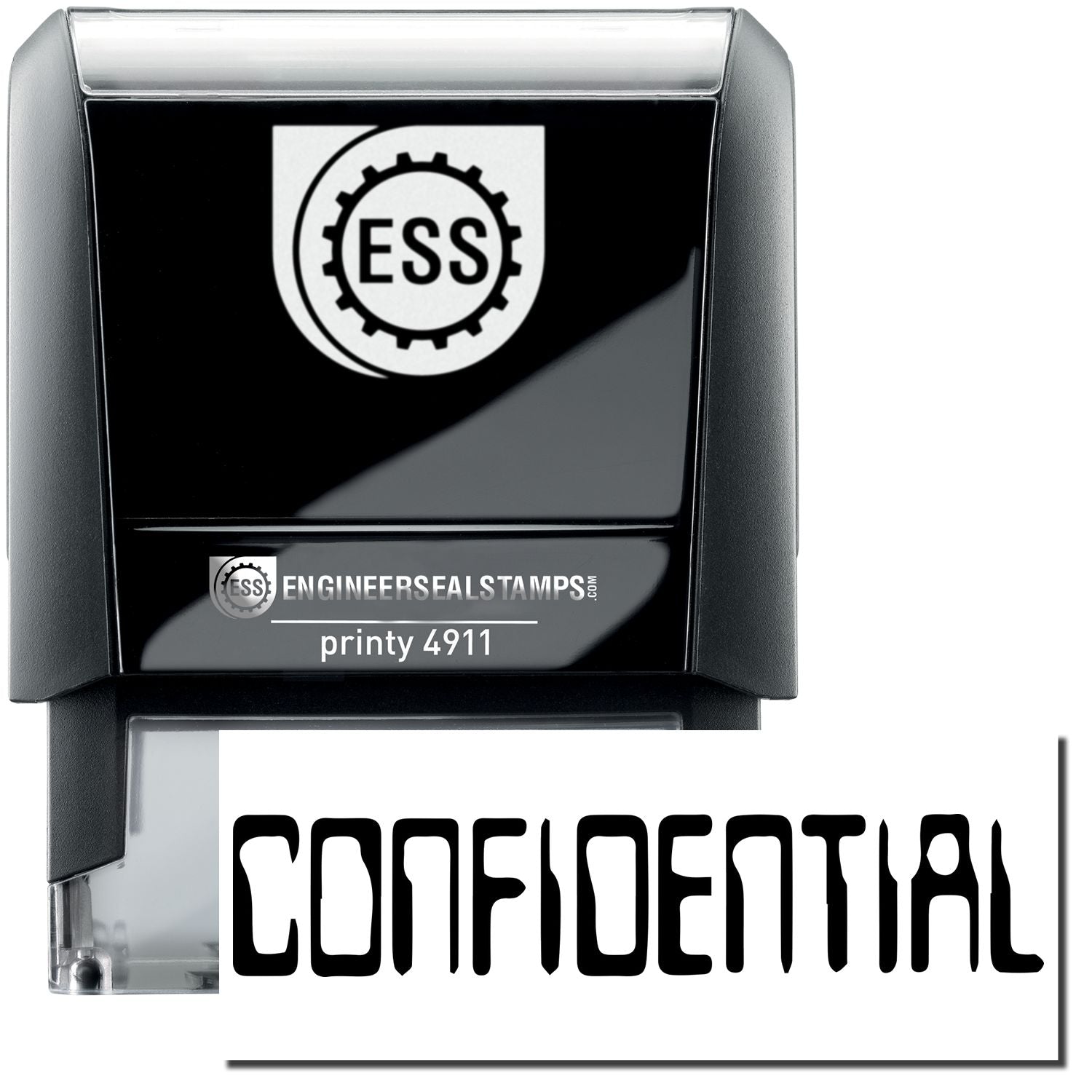 A self-inking stamp with a stamped image showing how the text CONFIDENTIAL in a barcode font is displayed after stamping.