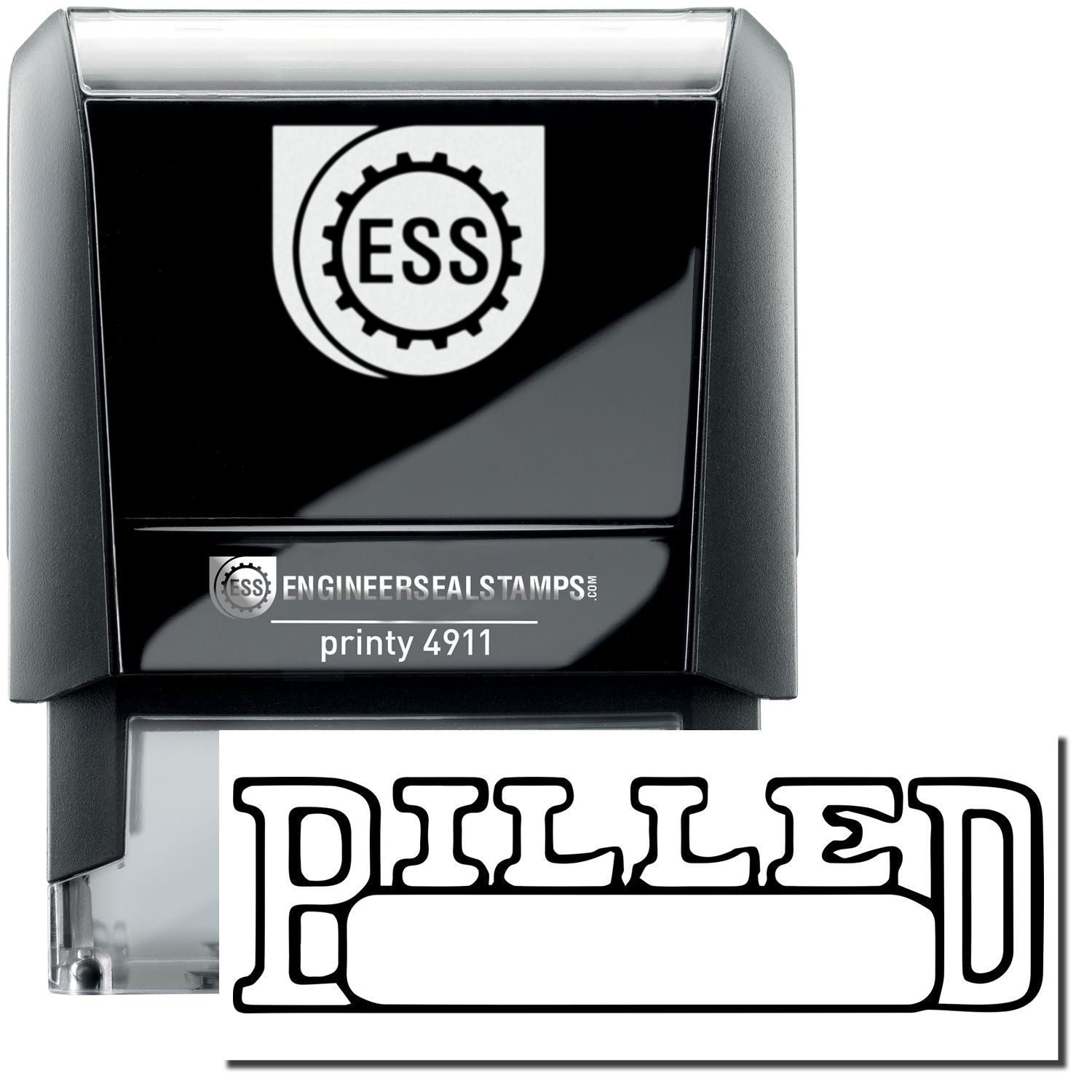 A self-inking stamp with a stamped image showing how the text BILLED in an outline font with a date box underneath is displayed after stamping.