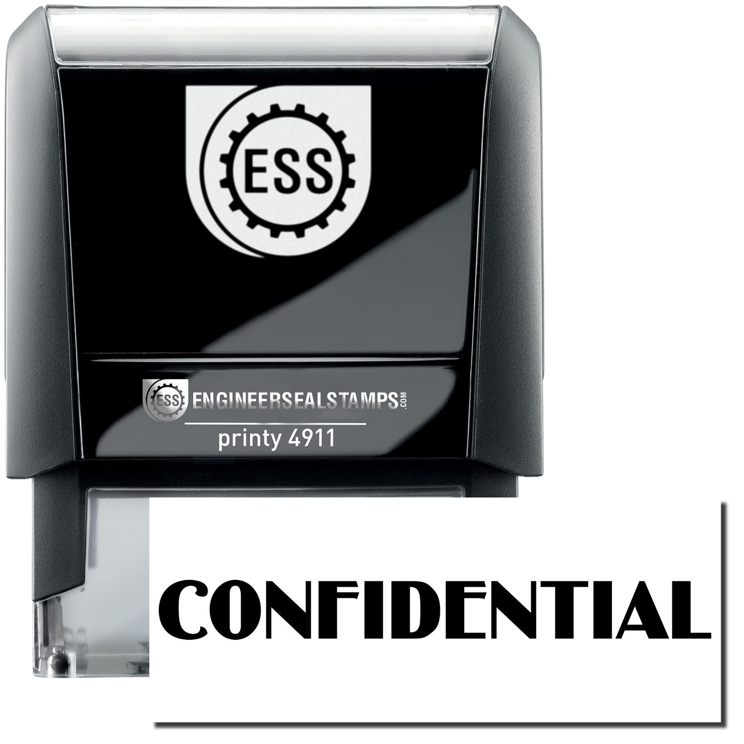 Self Inking Optima Confidential Stamp by ESS, black and white design, with CONFIDENTIAL text imprint shown below the stamp.