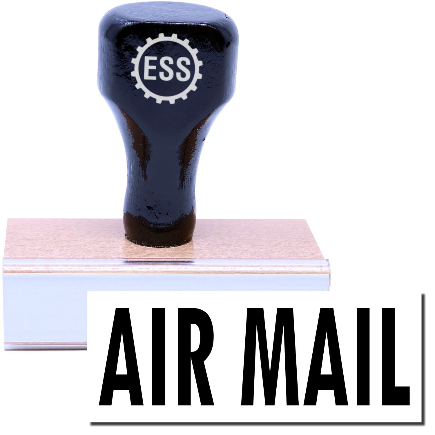 A stock office rubber stamp with a stamped image showing how the text "AIR MAIL" in a large font is displayed after stamping.