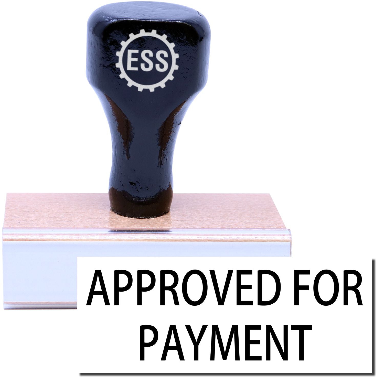 A stock office rubber stamp with a stamped image showing how the text APPROVED FOR PAYMENT in a large font is displayed after stamping.