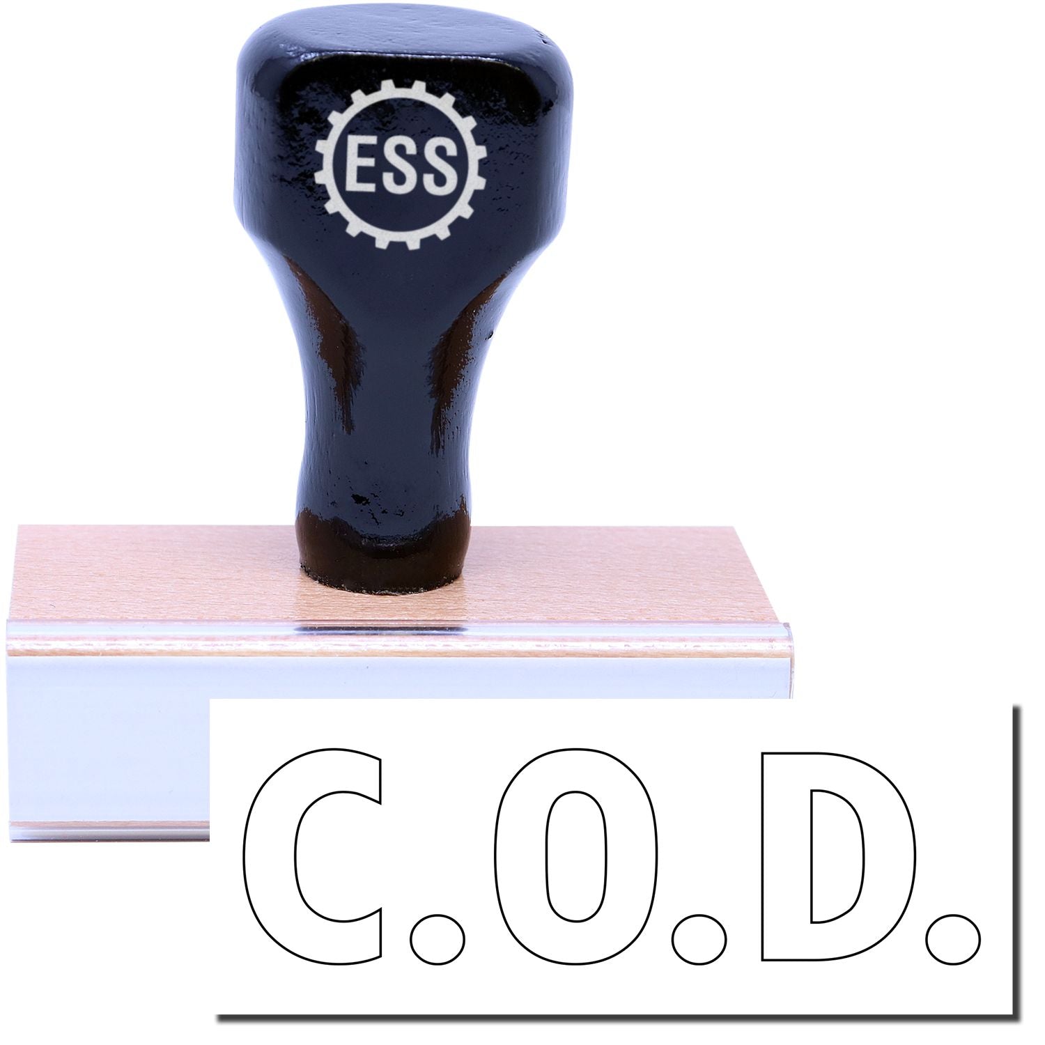 A stock office rubber stamp with a stamped image showing how the text C.O.D. in a large font and in outline style is displayed after stamping.