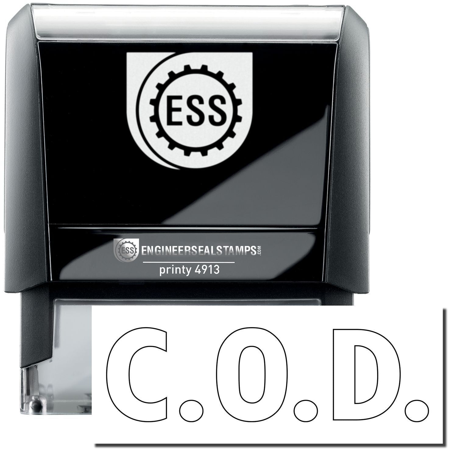 A large self-inking stamp with a stamped image showing how the text C.O.D. in a large outline font is displayed by it.