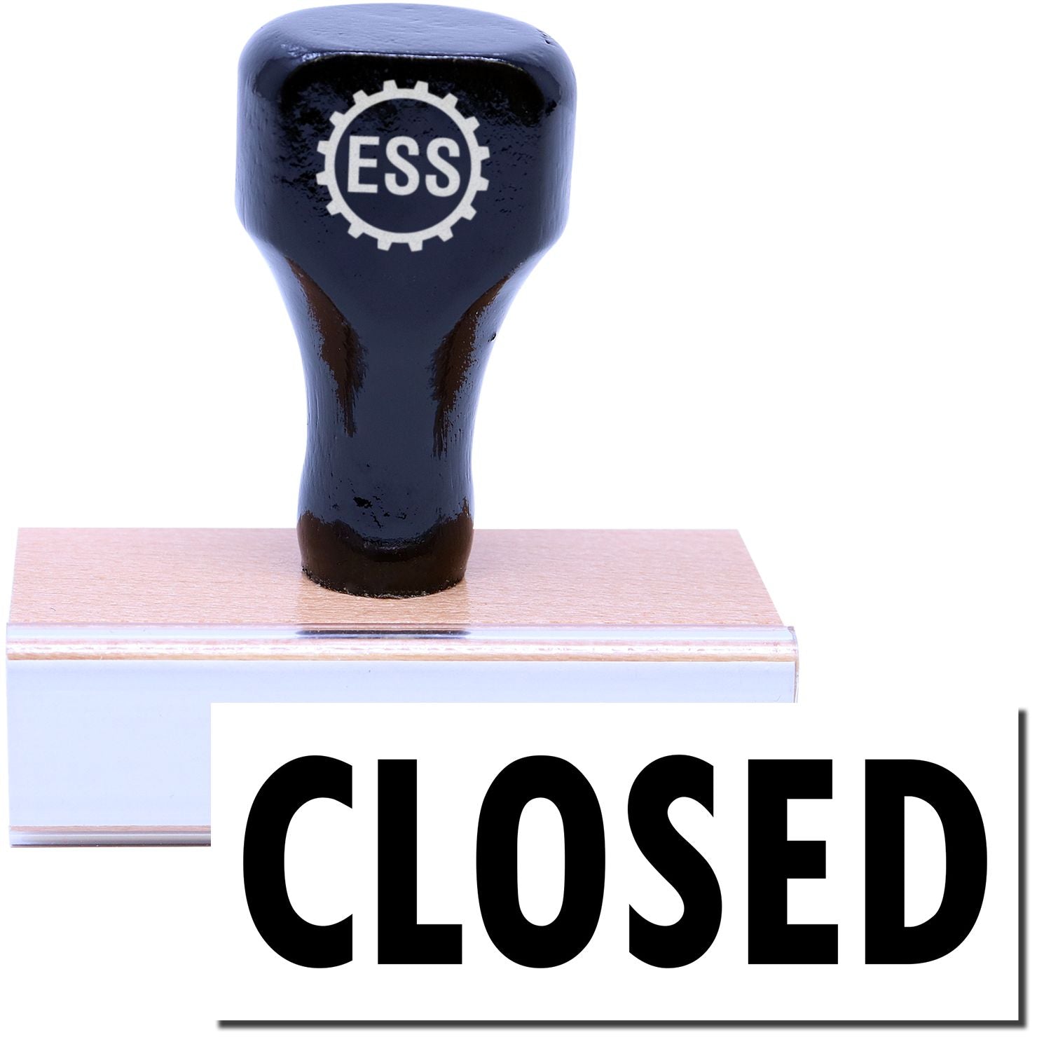 Large Closed Rubber Stamp with a black handle and wooden base, displaying the word CLOSED in bold black letters.