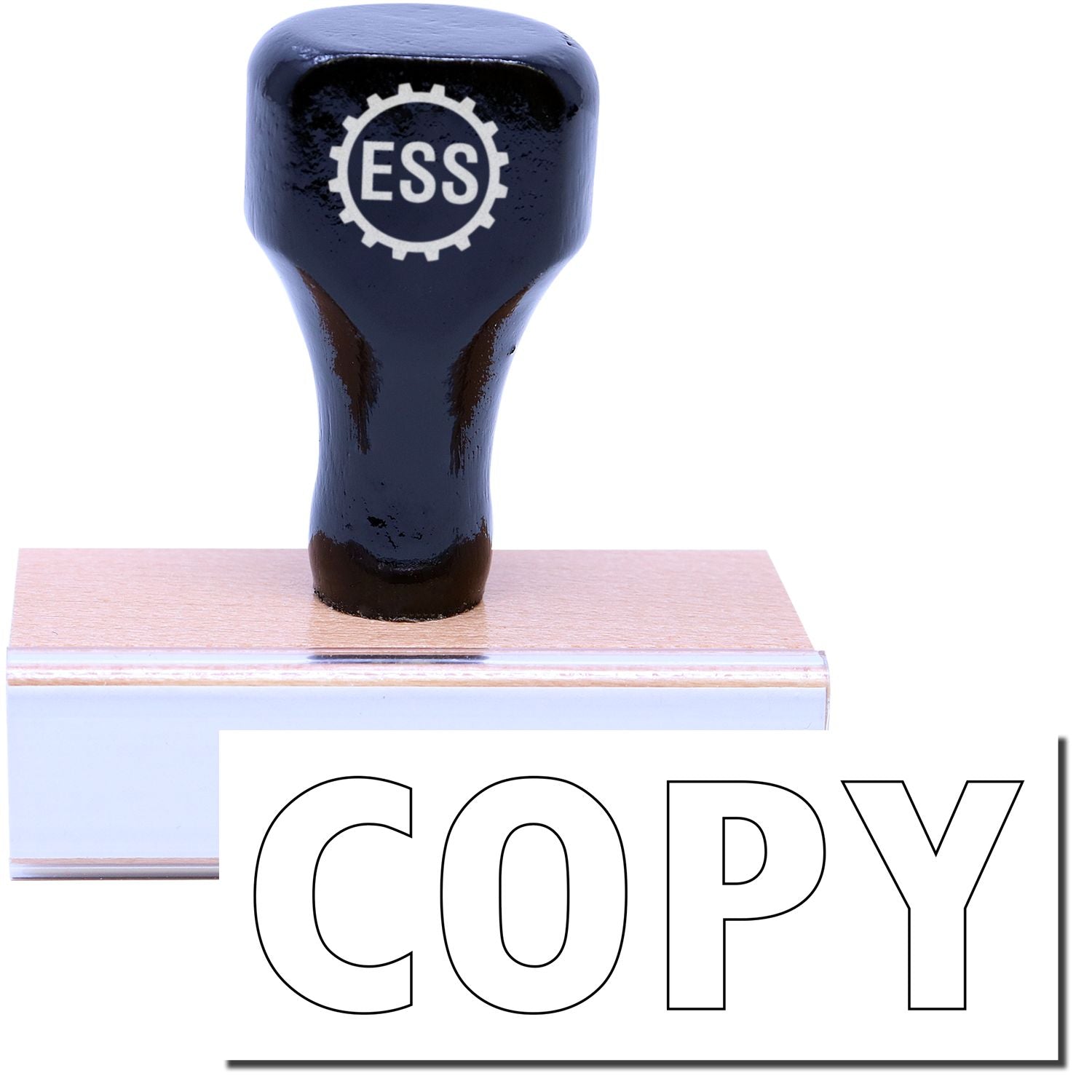 A stock office rubber stamp with a stamped image showing how the text COPY in a large font and outline style is displayed after stamping.