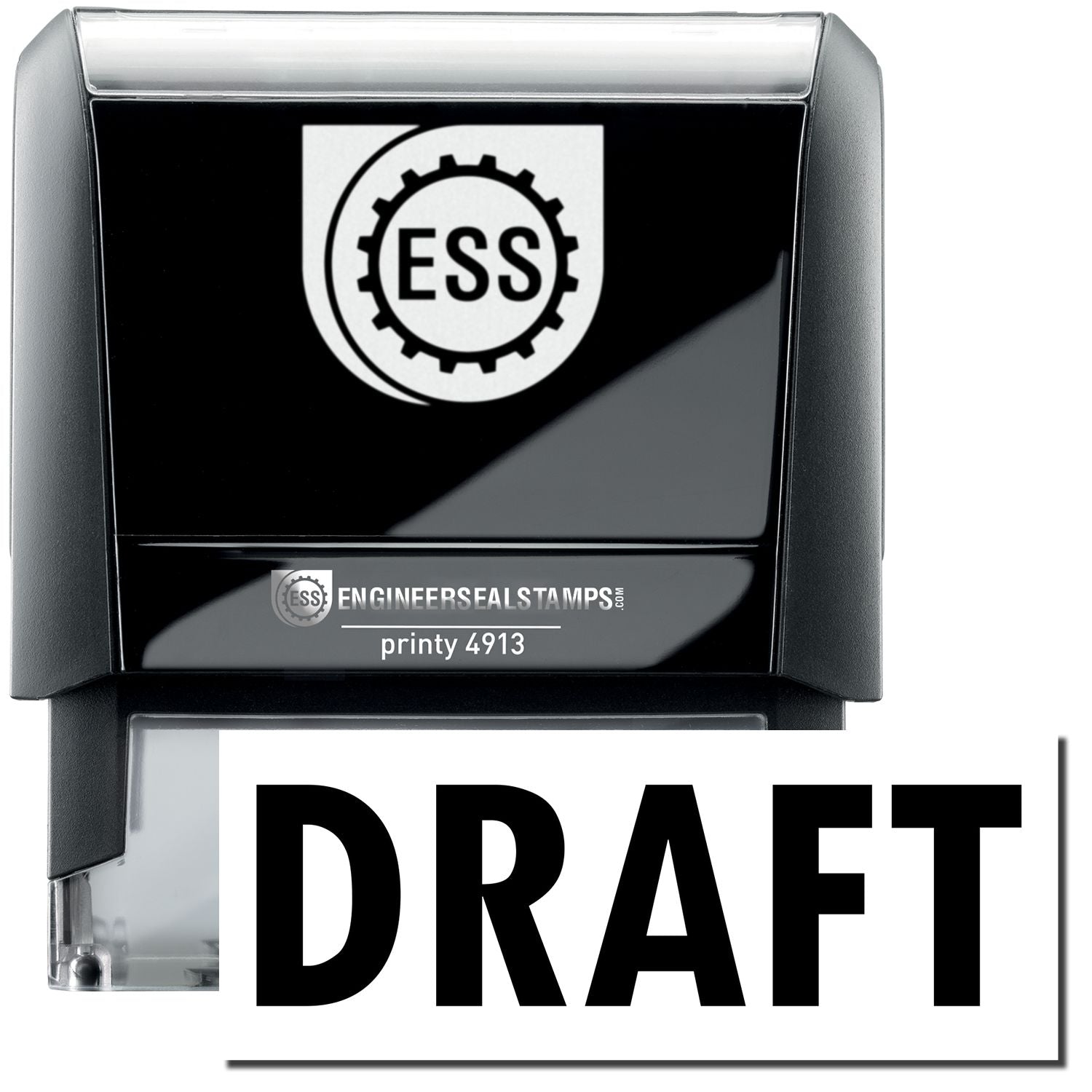 A self-inking stamp with a stamped image showing how the text DRAFT in a large bold font is displayed by it.