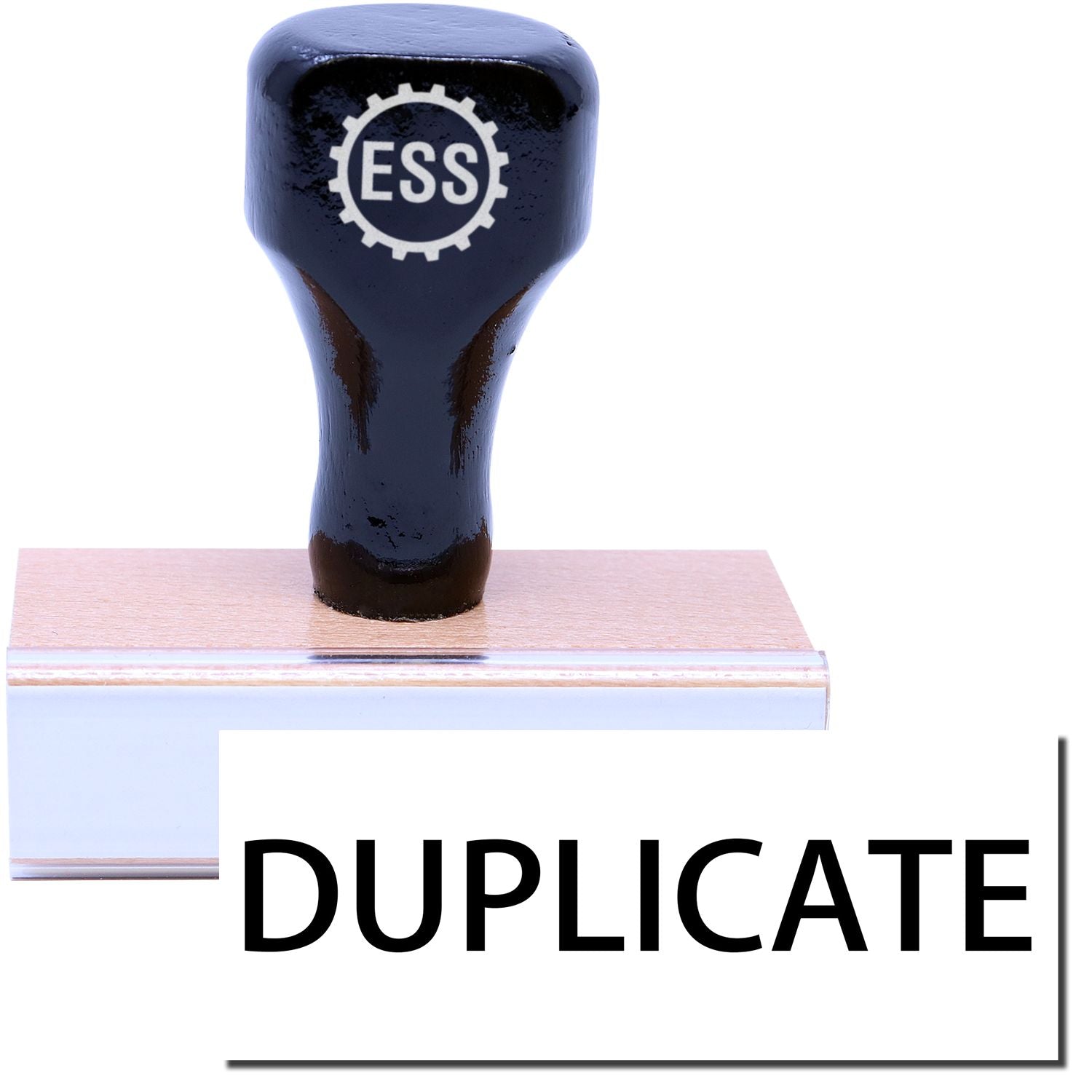 A stock office rubber stamp with a stamped image showing how the text DUPLICATE in a large font is displayed after stamping.