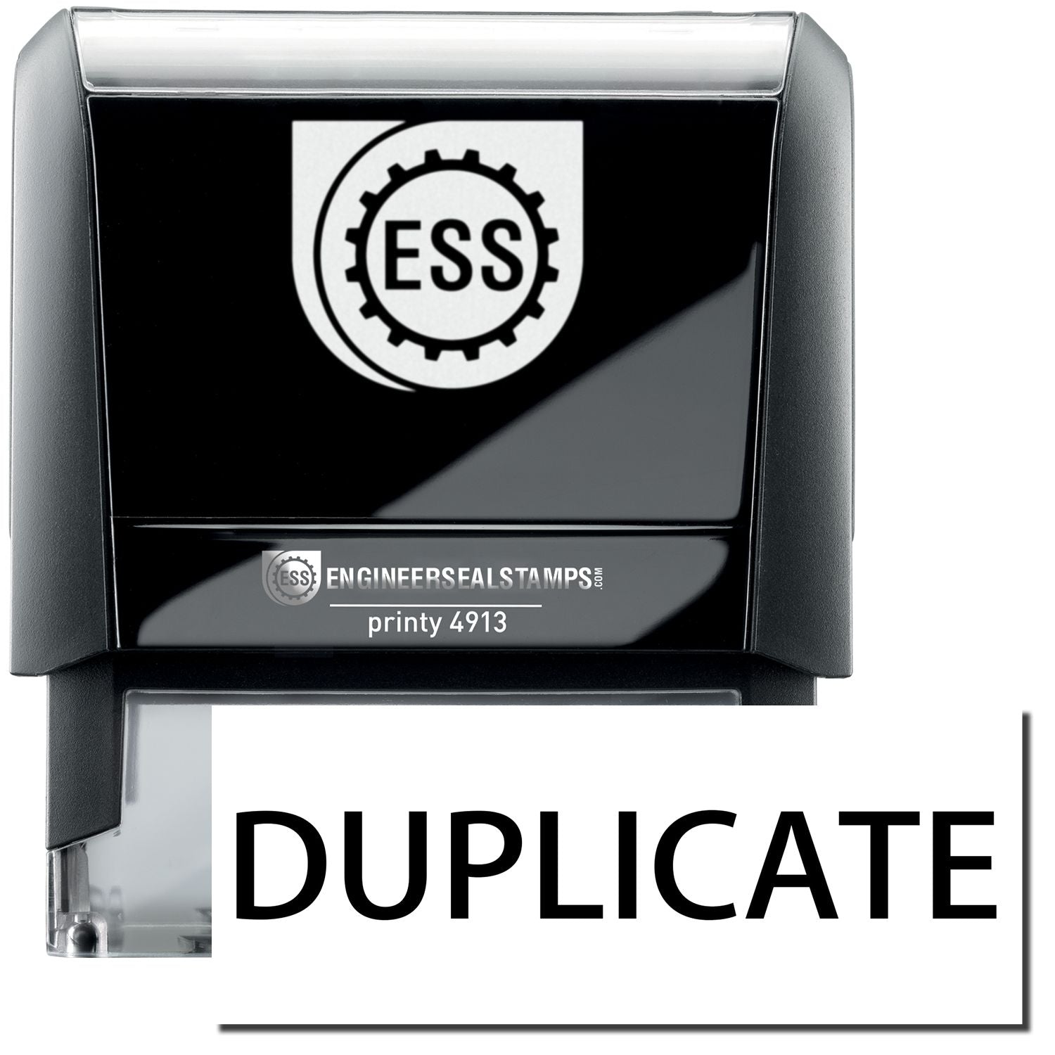 A self-inking stamp with a stamped image showing how the text DUPLICATE in a large bold font is displayed by it.