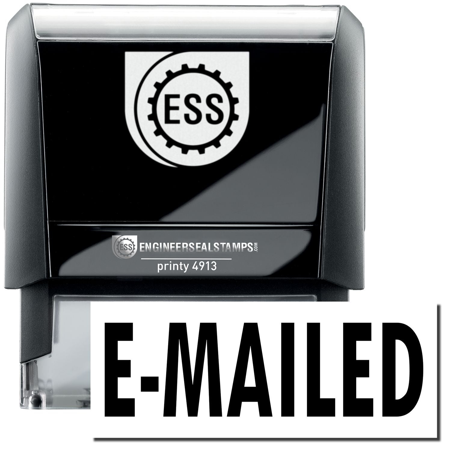 A self-inking stamp with a stamped image showing how the text E-MAILED in a large bold font is displayed by it.