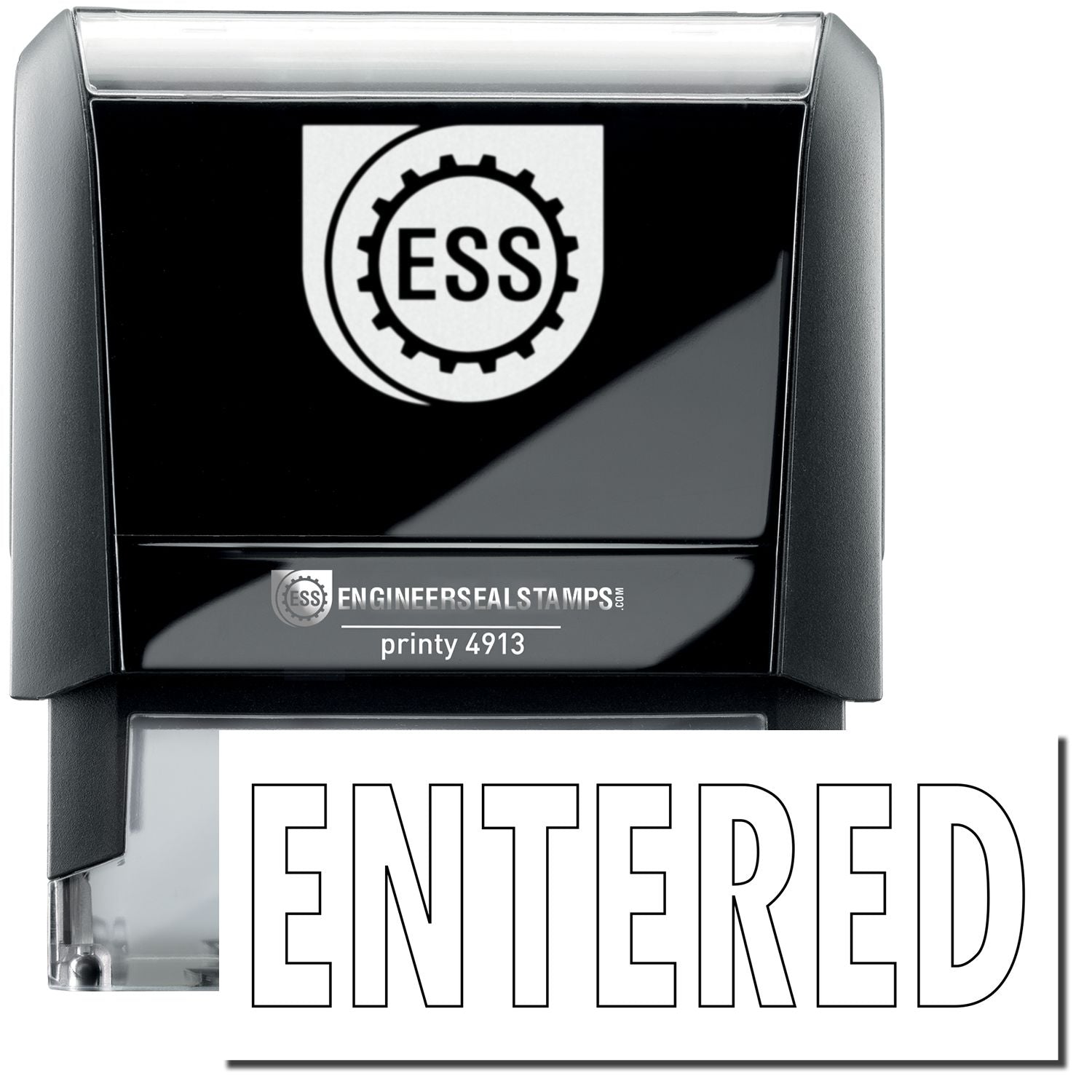 A self-inking stamp with a stamped image showing how the text ENTERED in a large outline font is displayed by it.