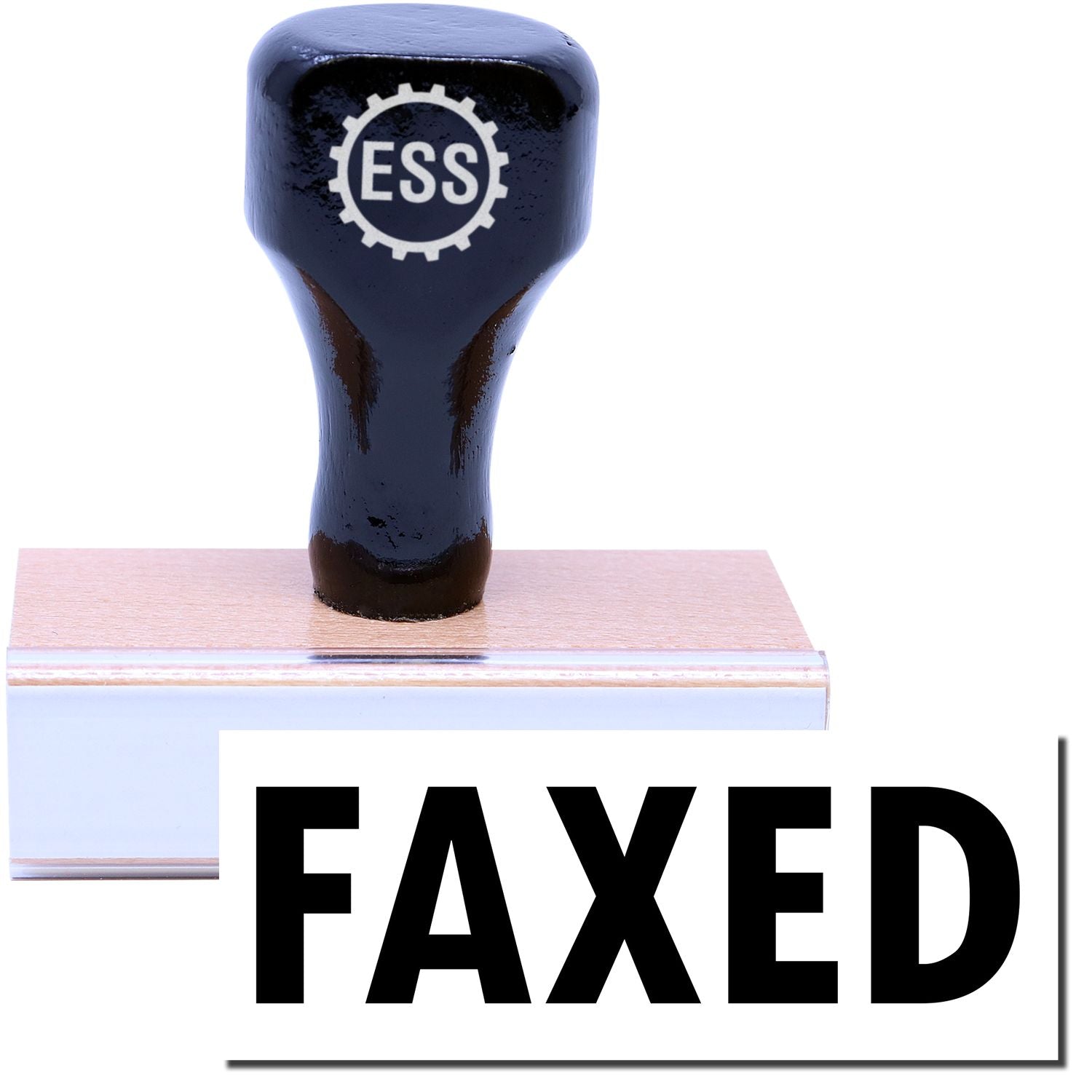 A stock office rubber stamp with a stamped image showing how the text FAXED in a large font is displayed after stamping.