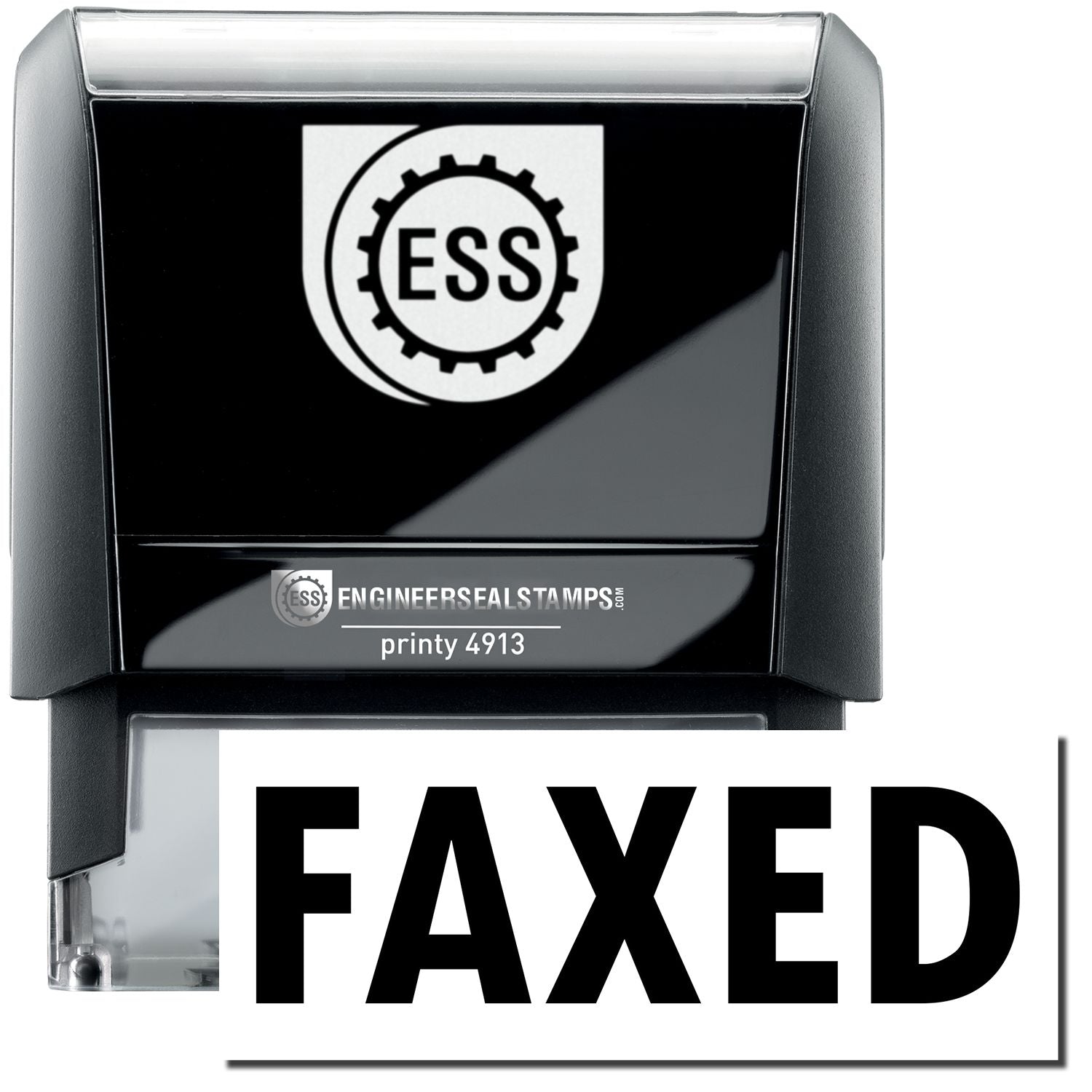 A self-inking stamp with a stamped image showing how the text FAXED in a large bold font is displayed by it.