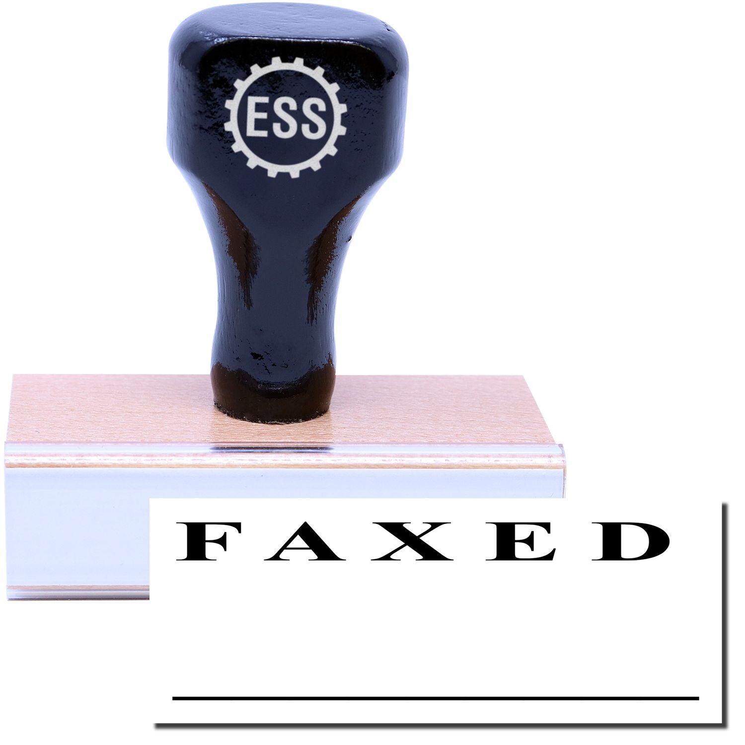 A stock office rubber stamp with a stamped image showing how the text FAXED in a two-lined large font is displayed after stamping.