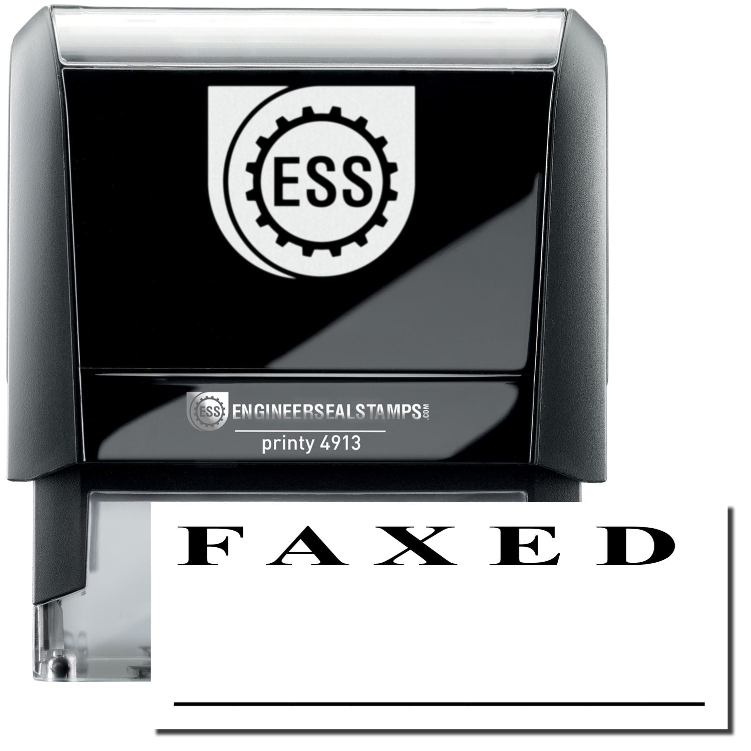 A self-inking stamp with a stamped image showing how the text FAXED in a large bold font with a line is displayed by it.