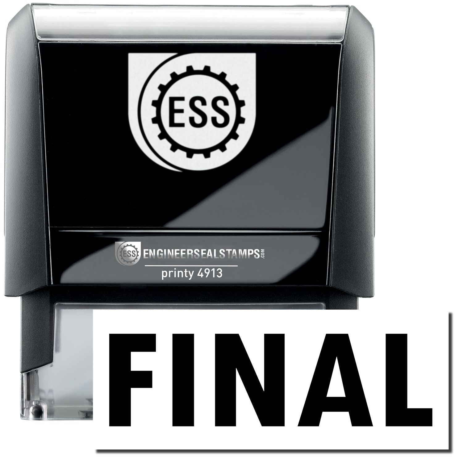 A self-inking stamp with a stamped image showing how the text FINAL in a large bold font is displayed by it.