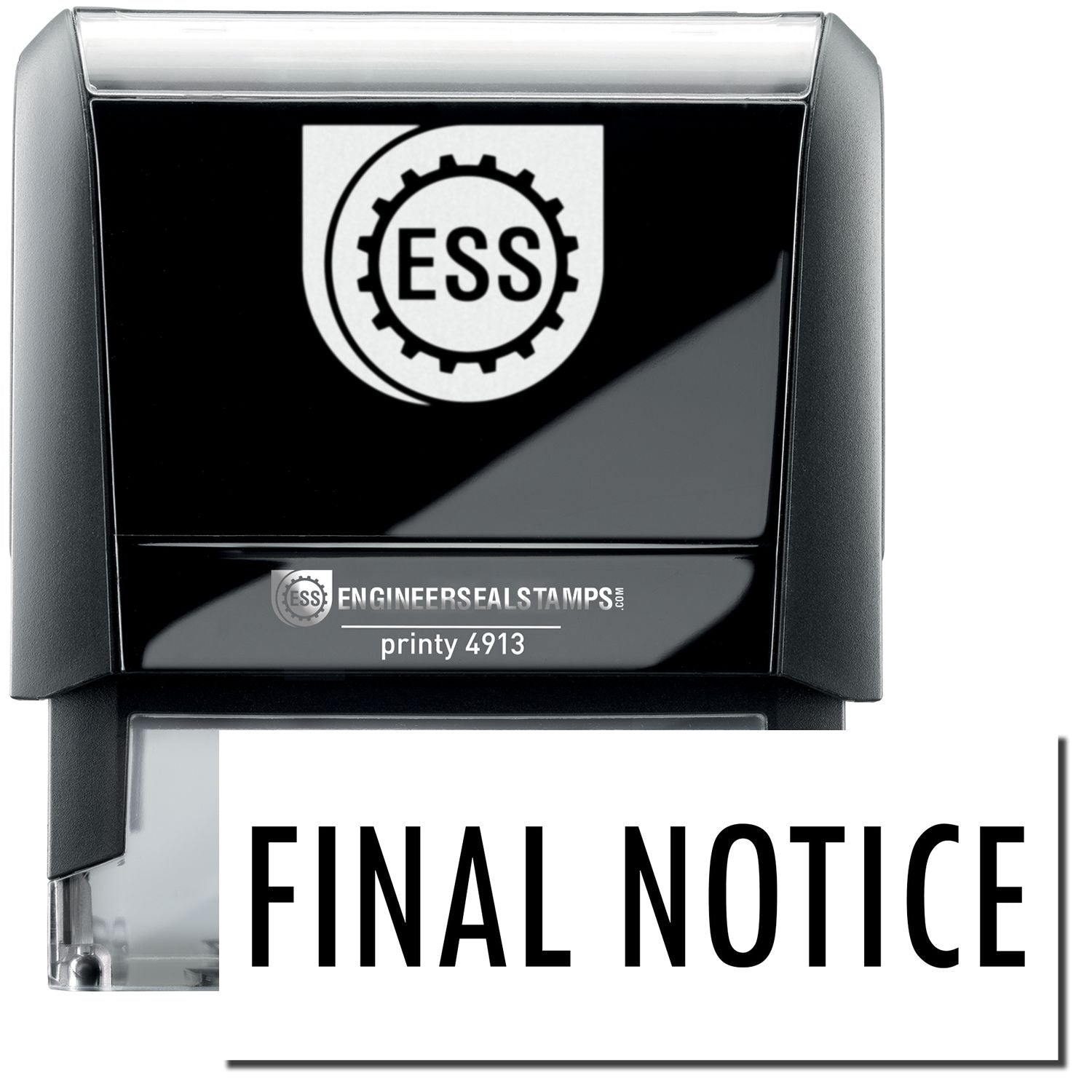 A self-inking stamp with a stamped image showing how the text FINAL NOTICE in a large bold font is displayed by it.