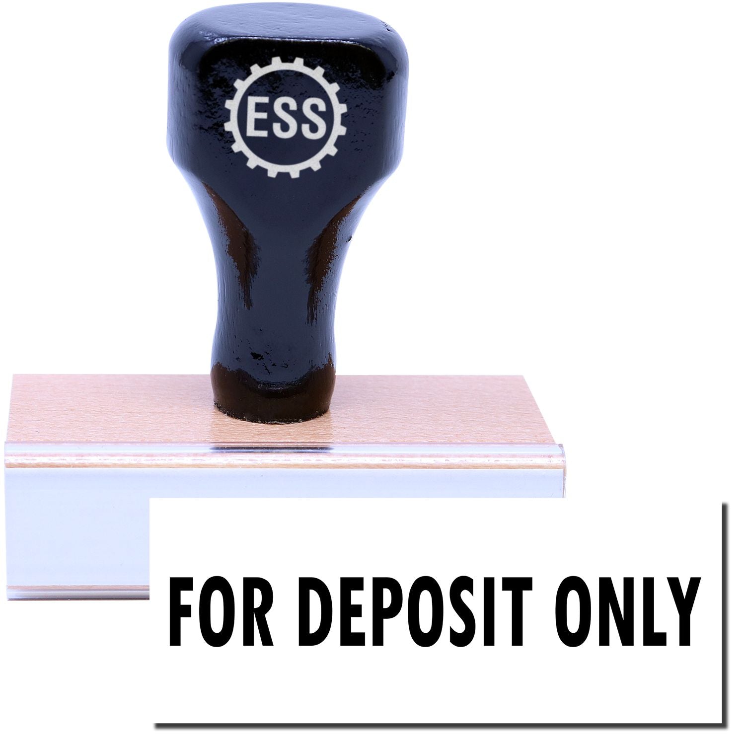 A stock office rubber stamp with a stamped image showing how the text FOR DEPOSIT ONLY in a large font is displayed after stamping.