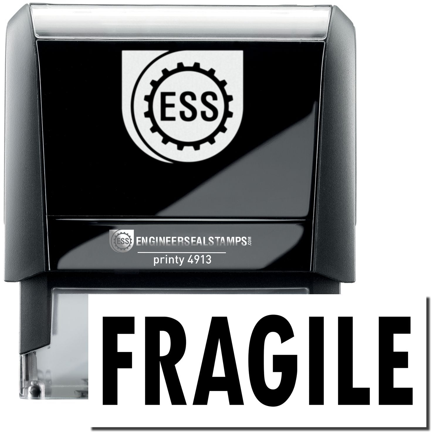 A self-inking stamp with a stamped image showing how the text FRAGILE in a large bold font is displayed by it.