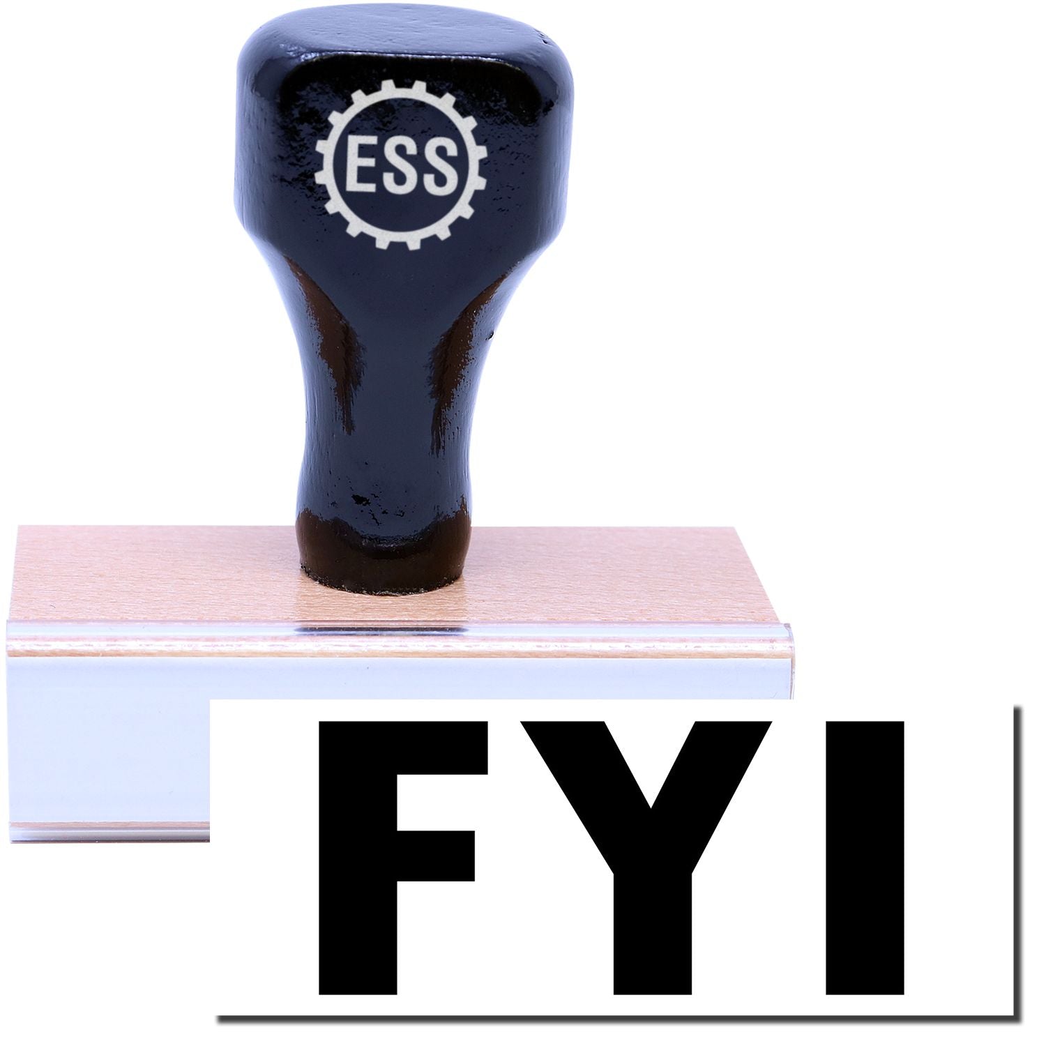 A stock office rubber stamp with a stamped image showing how the text FYI in a large font is displayed after stamping.