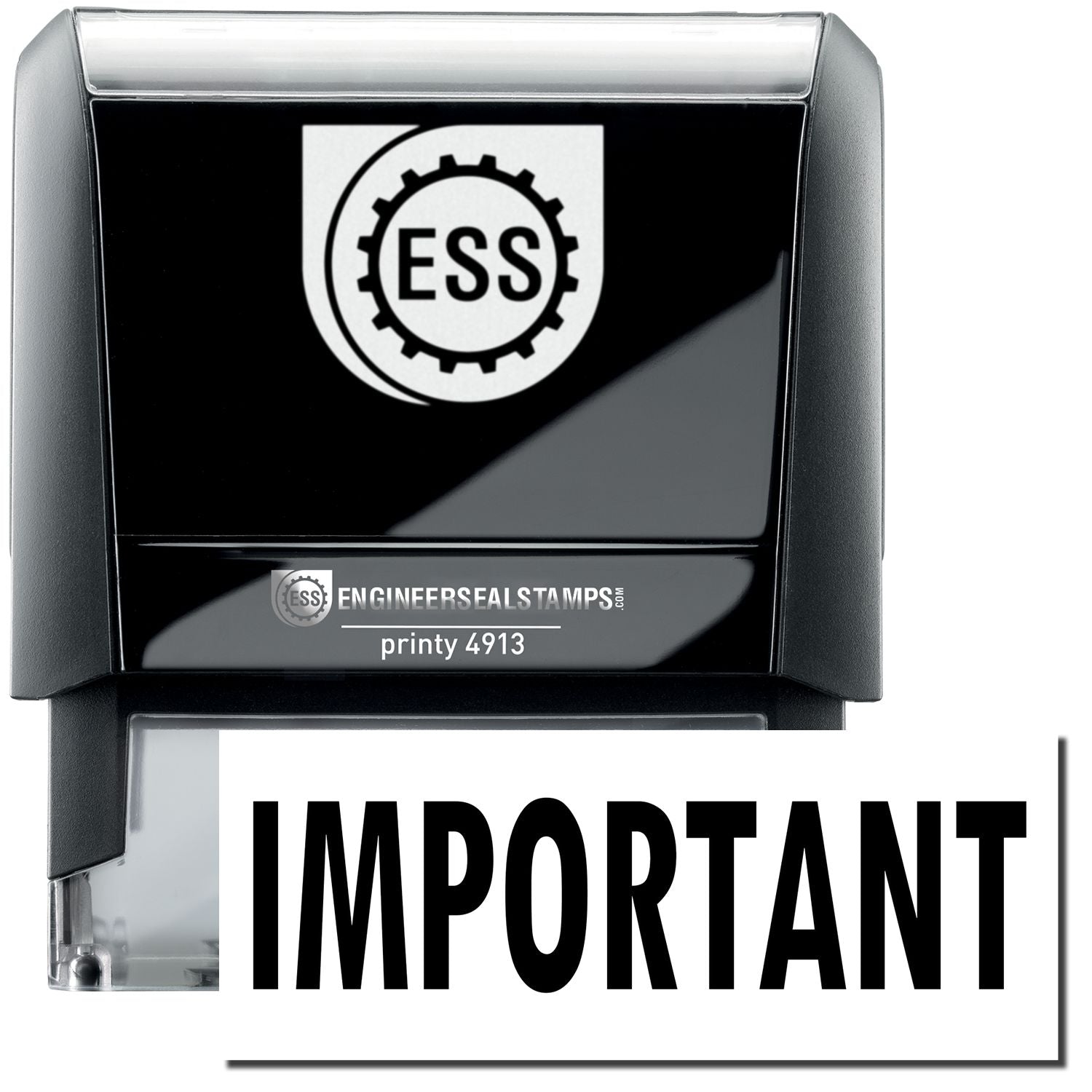 A self-inking stamp with a stamped image showing how the text IMPORTANT in a large bold font is displayed by it.