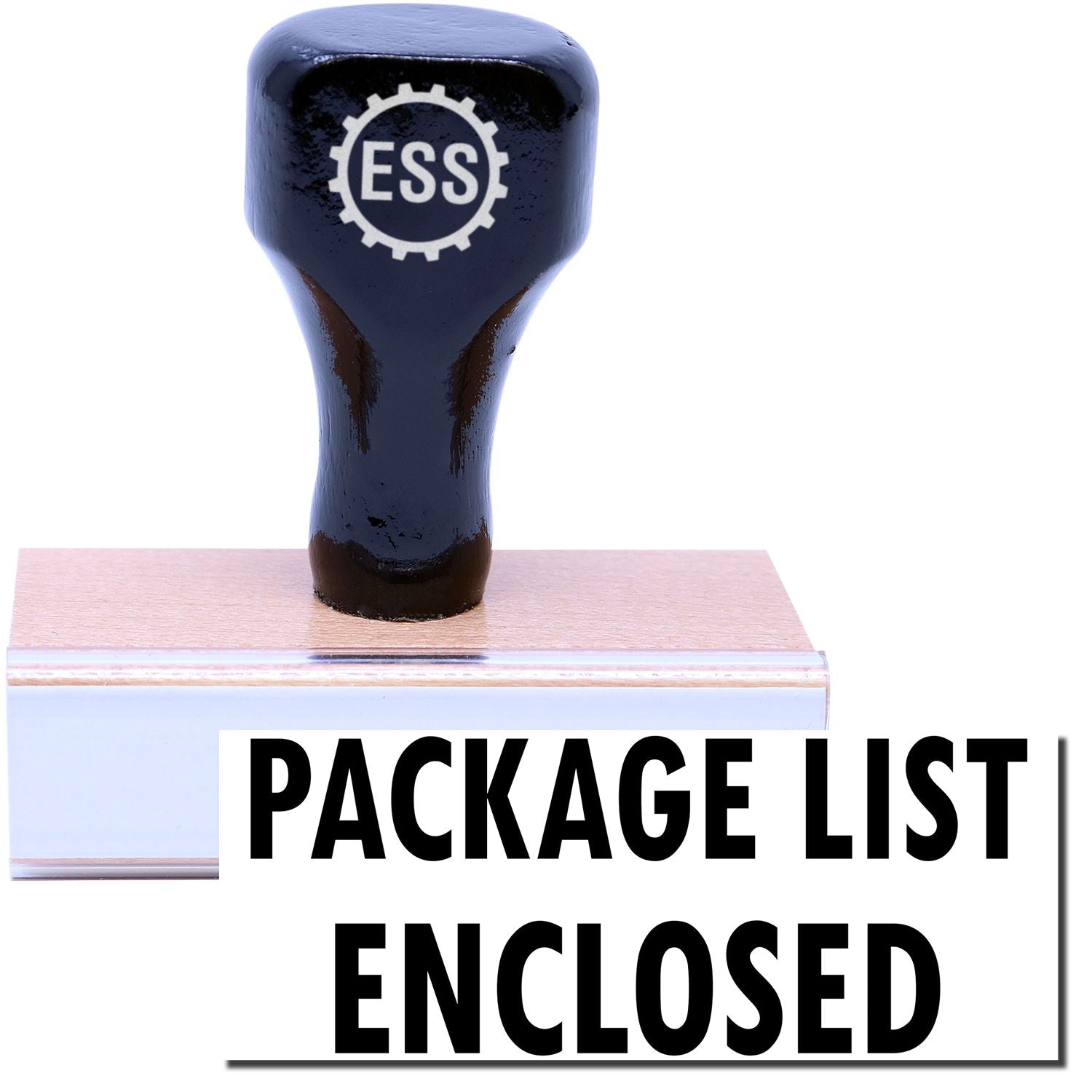 A stock office rubber stamp with a stamped image showing how the text "PACKAGE LIST ENCLOSED" in a large font is displayed after stamping.