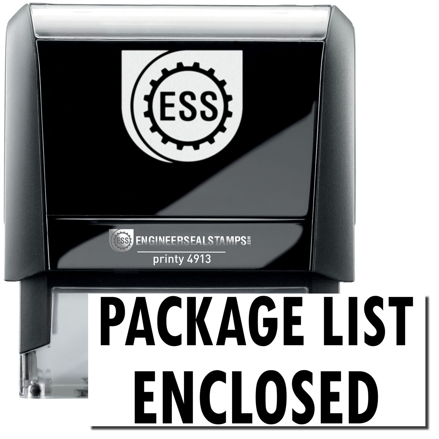 A self-inking stamp with a stamped image showing how the text PACKAGE LIST ENCLOSED in a large bold font is displayed by it