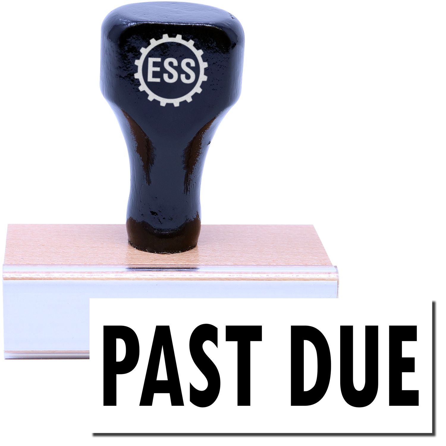 A stock office rubber stamp with a stamped image showing how the text PAST DUE in a large font is displayed after stamping.