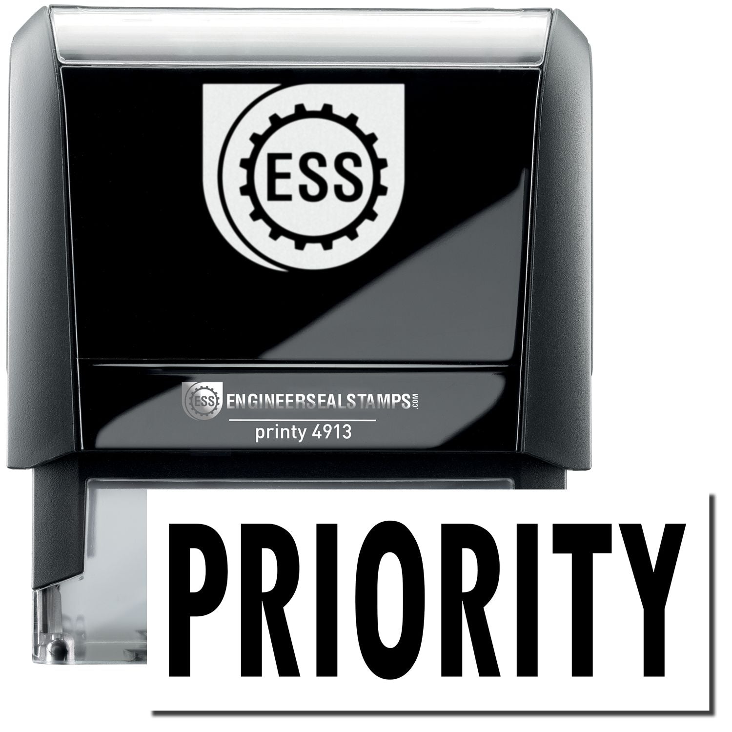 A self-inking stamp with a stamped image showing how the text PRIORITY in a large bold font is displayed by it.