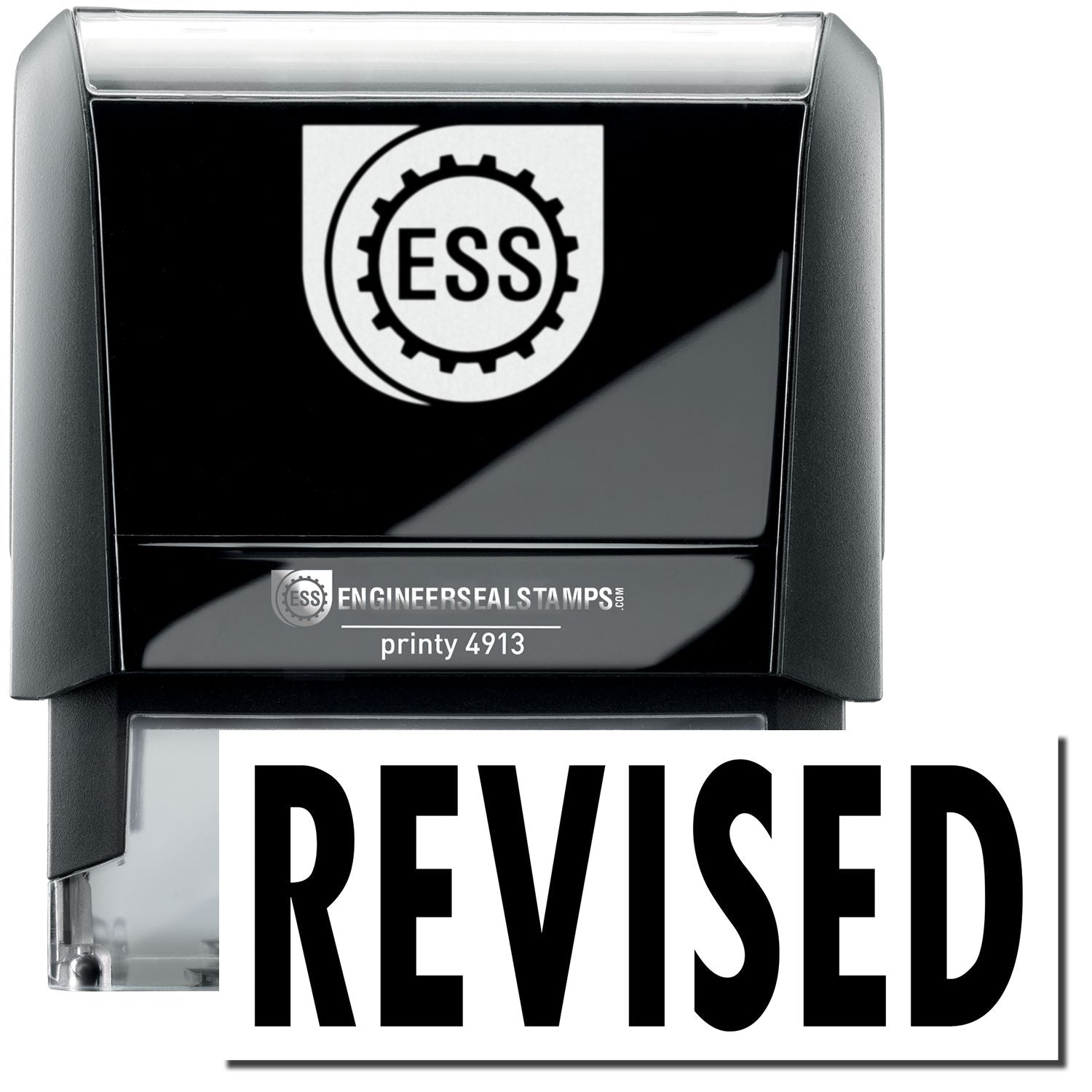 A self-inking stamp with a stamped image showing how the text REVISED in a large bold font is displayed by it.