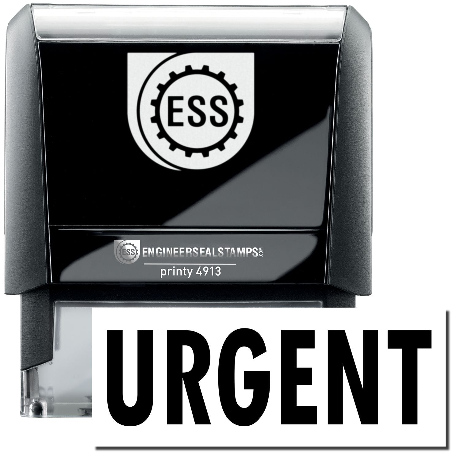 A self-inking stamp with a stamped image showing how the text URGENT in a large bold font is displayed by it.